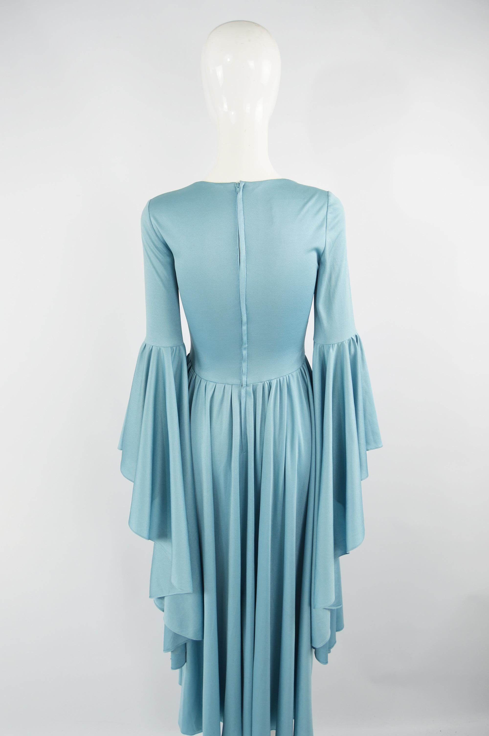 1970s Vintage Blue Jersey Huge Bell Sleeve Boho Dress Evening Gown 1