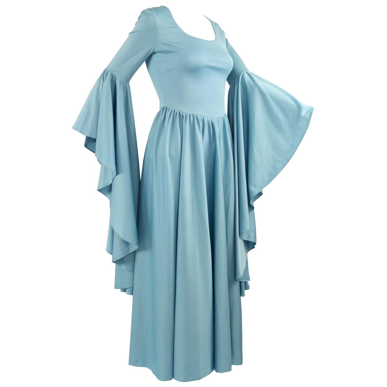 1970s Vintage Blue Jersey Huge Bell Sleeve Boho Dress Evening Gown