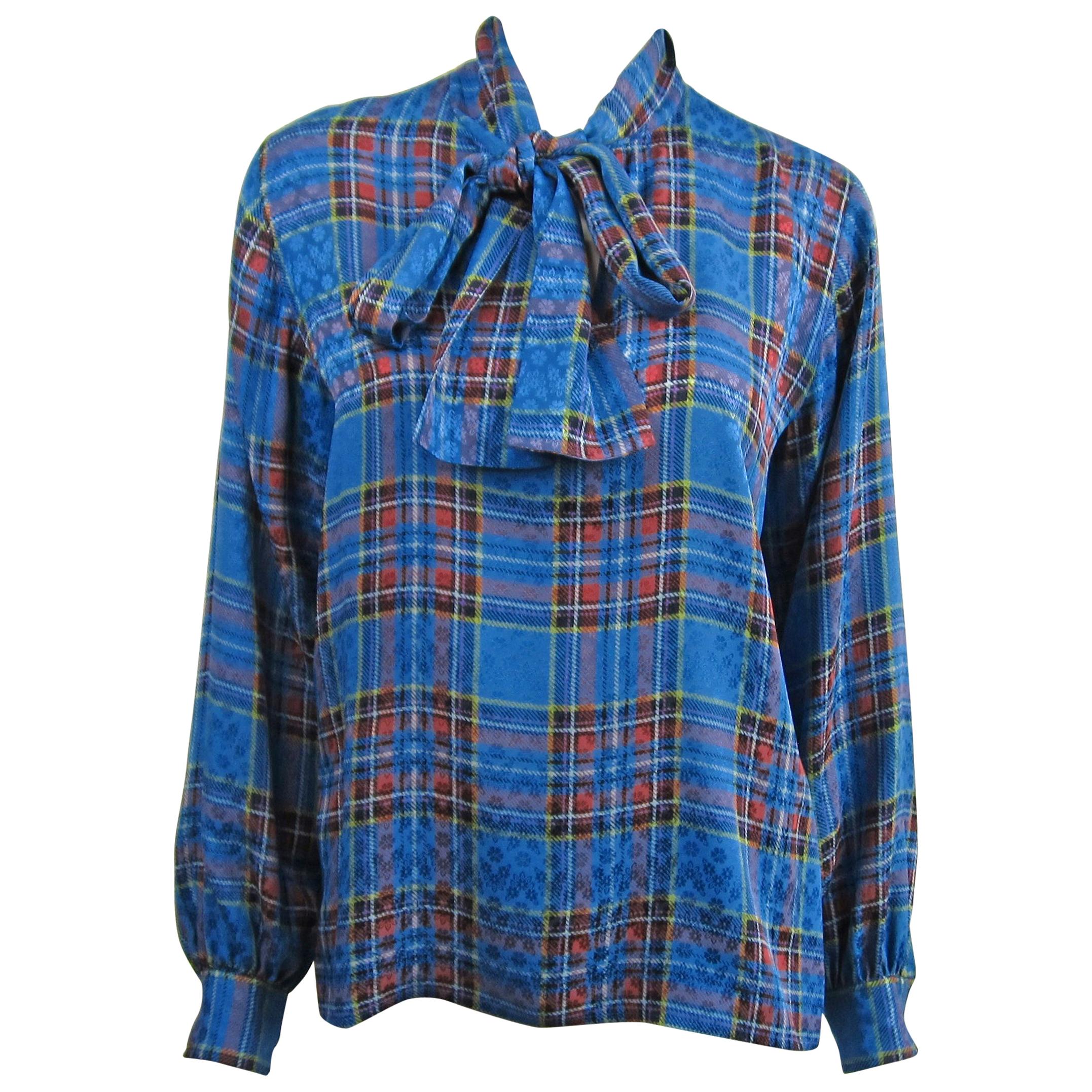 1970s Vintage Blue Plaid Yves Saint Laurent Silk Blouse 1976 Collection YSL 