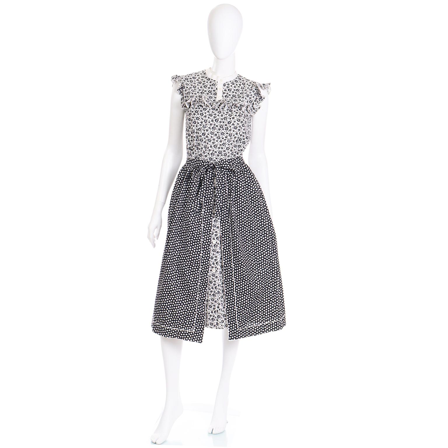 Black 1970s Vintage Blue & White Floral Prairie Cotton Ruffled Dress & Apron Skirt