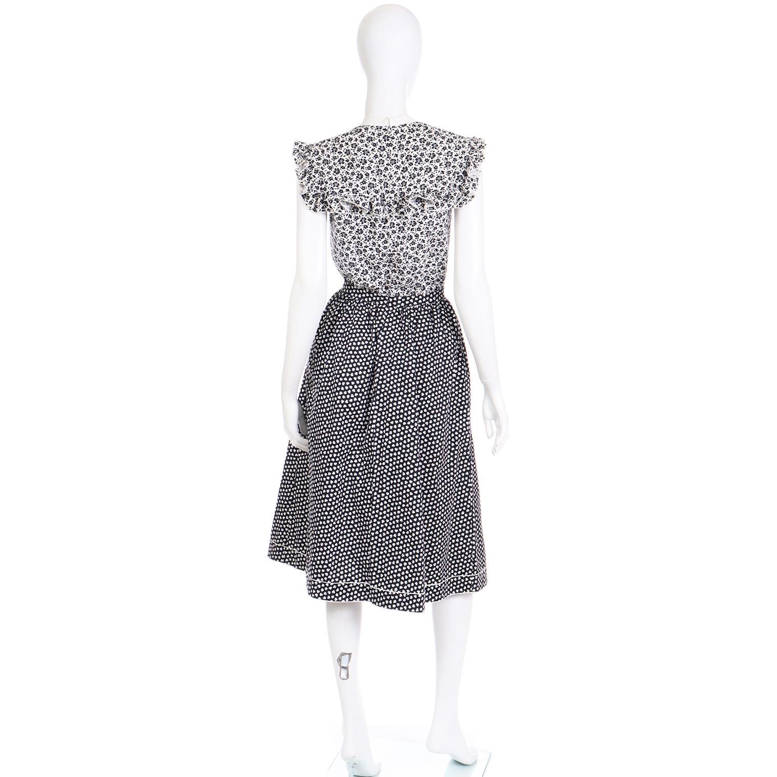 Women's 1970s Vintage Blue & White Floral Prairie Cotton Ruffled Dress & Apron Skirt