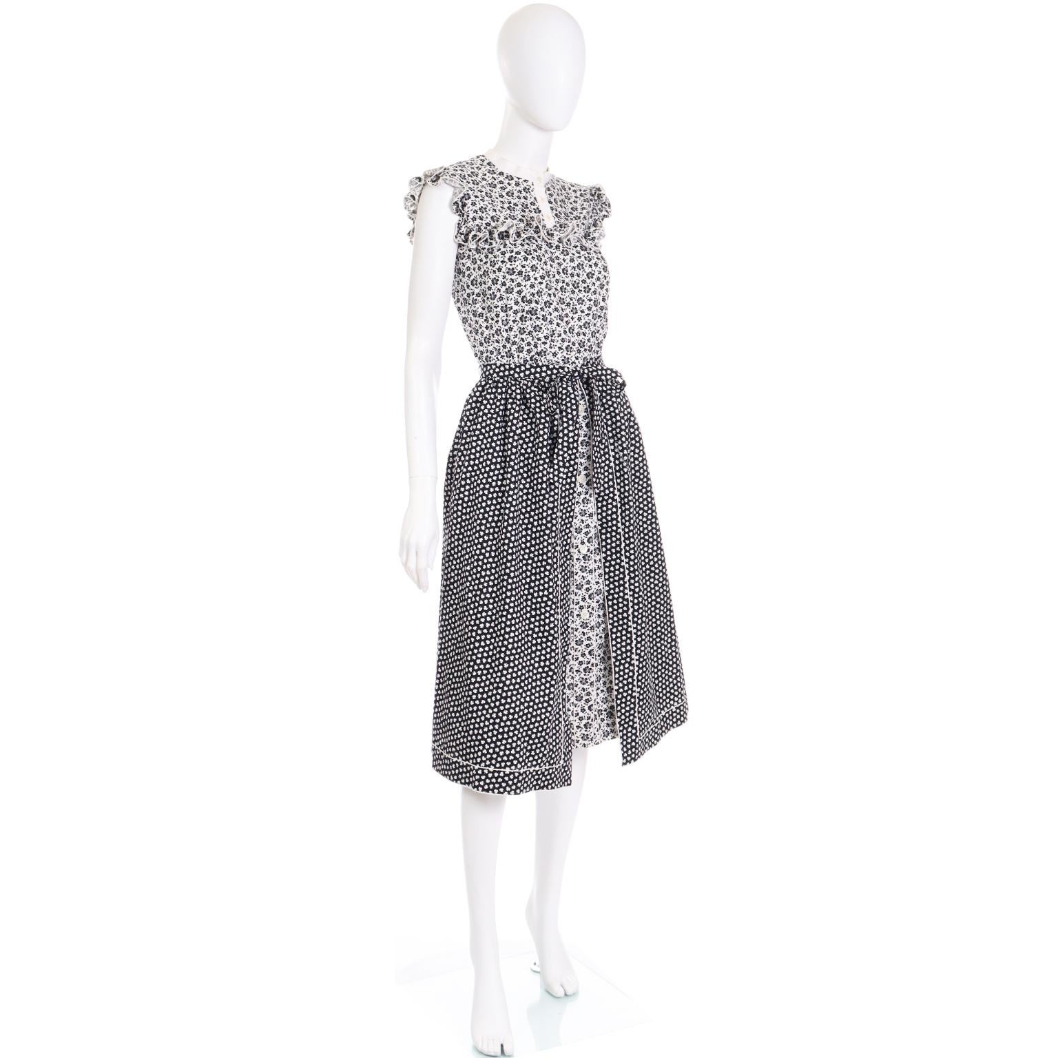 1970s Vintage Blue & White Floral Prairie Cotton Ruffled Dress & Apron Skirt 1