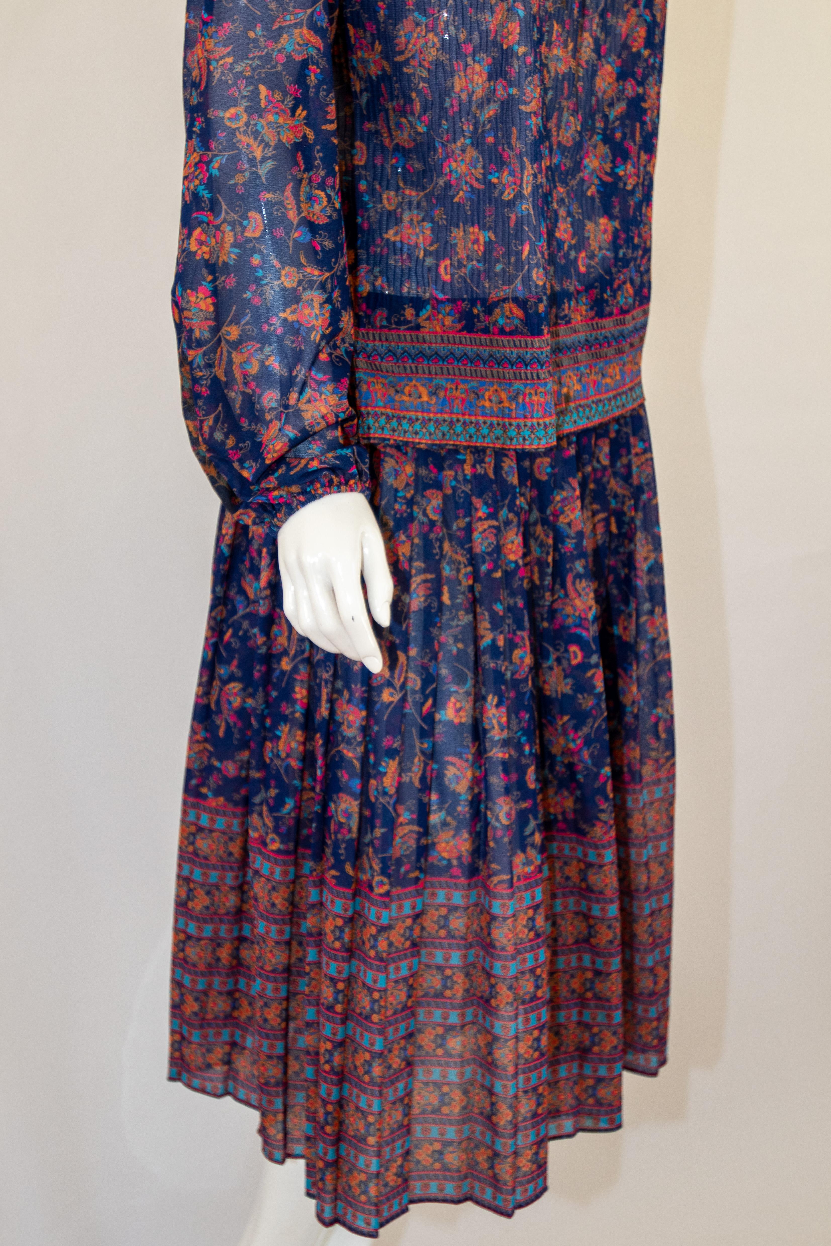 Black 1970s Vintage Bohemian Floral Printed Dress Miss Magnin at I. Magnin For Sale