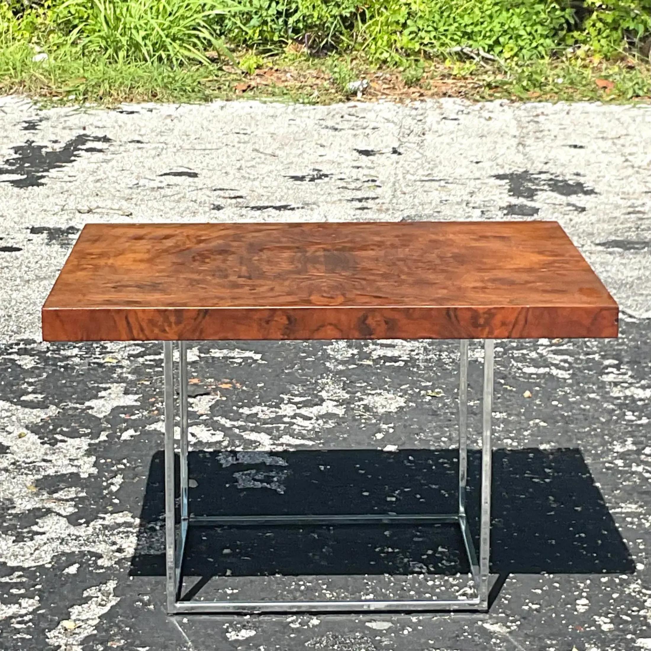 Mid-Century Modern 1970s Vintage Boho Burl Wood and Chrome Coffee Table After Milo Baughman For Sale