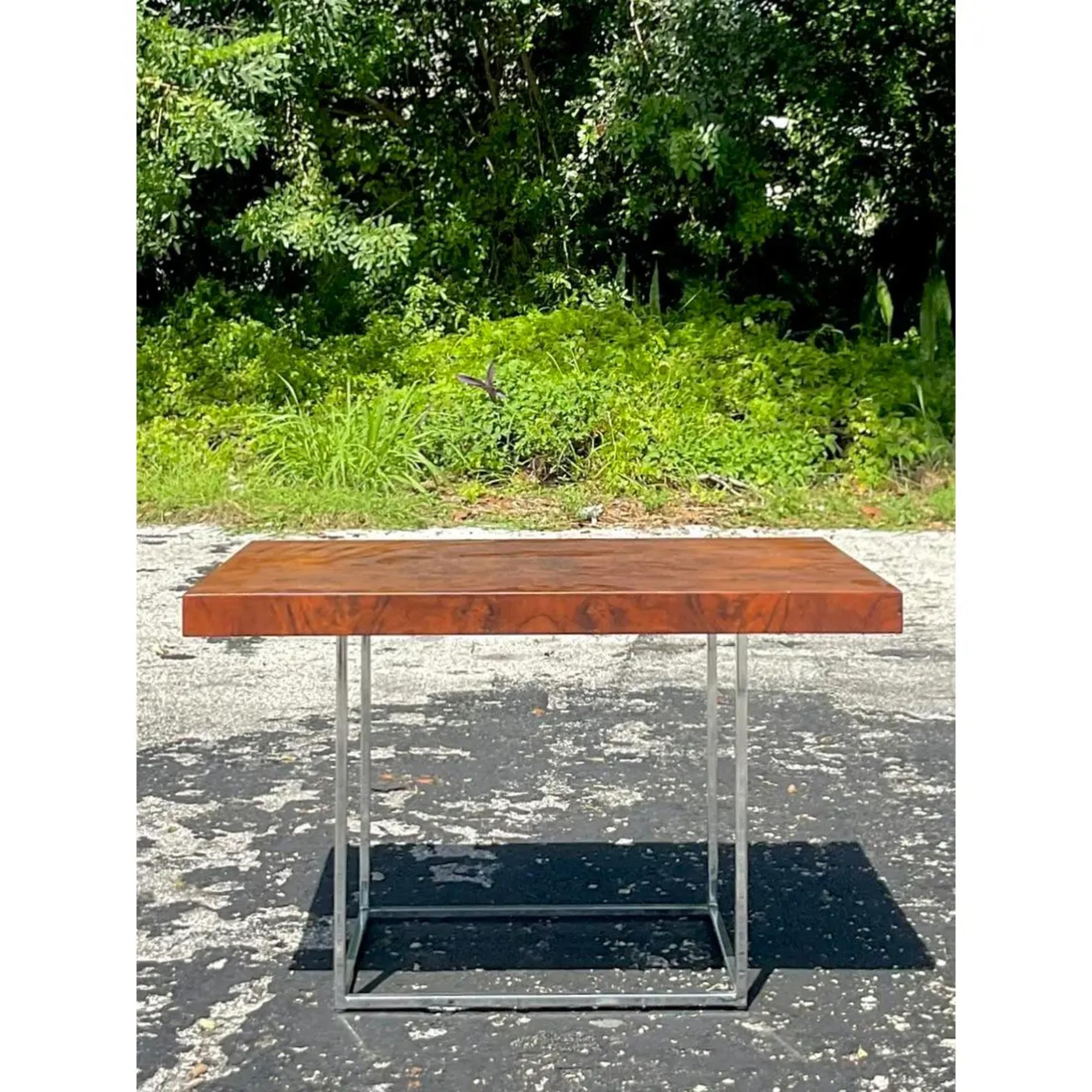 1970s Vintage Boho Burl Wood and Chrome Coffee Table After Milo Baughman In Good Condition For Sale In west palm beach, FL