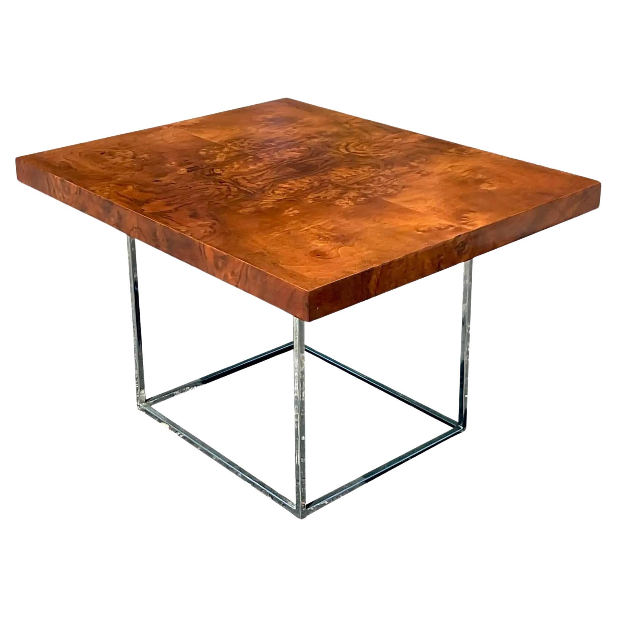 1970s Vintage Boho Burl Wood and Chrome Coffee Table After Milo Baughman For Sale