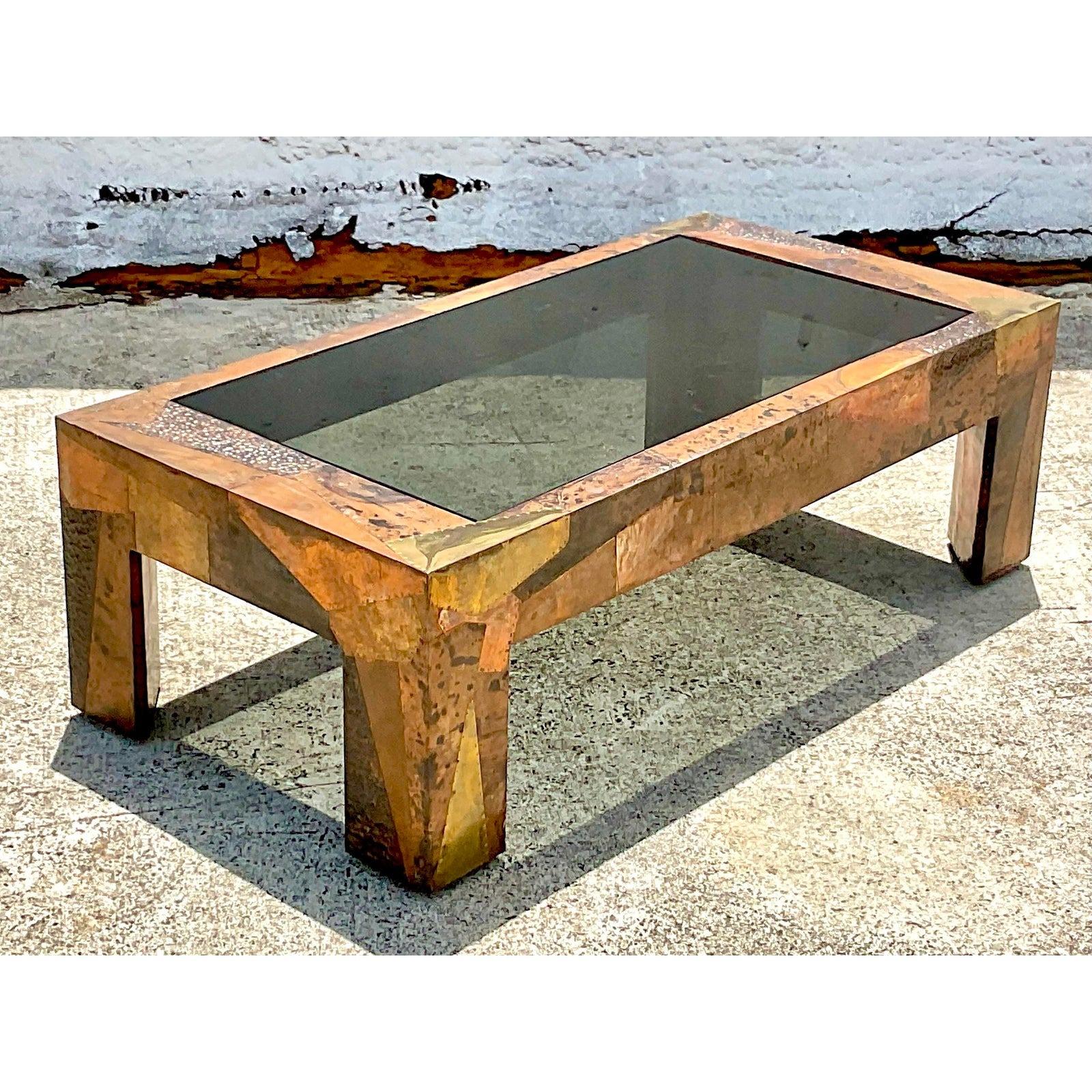 North American 1970s Vintage Boho Copper Patchwork Coffee Table After Paul Evans
