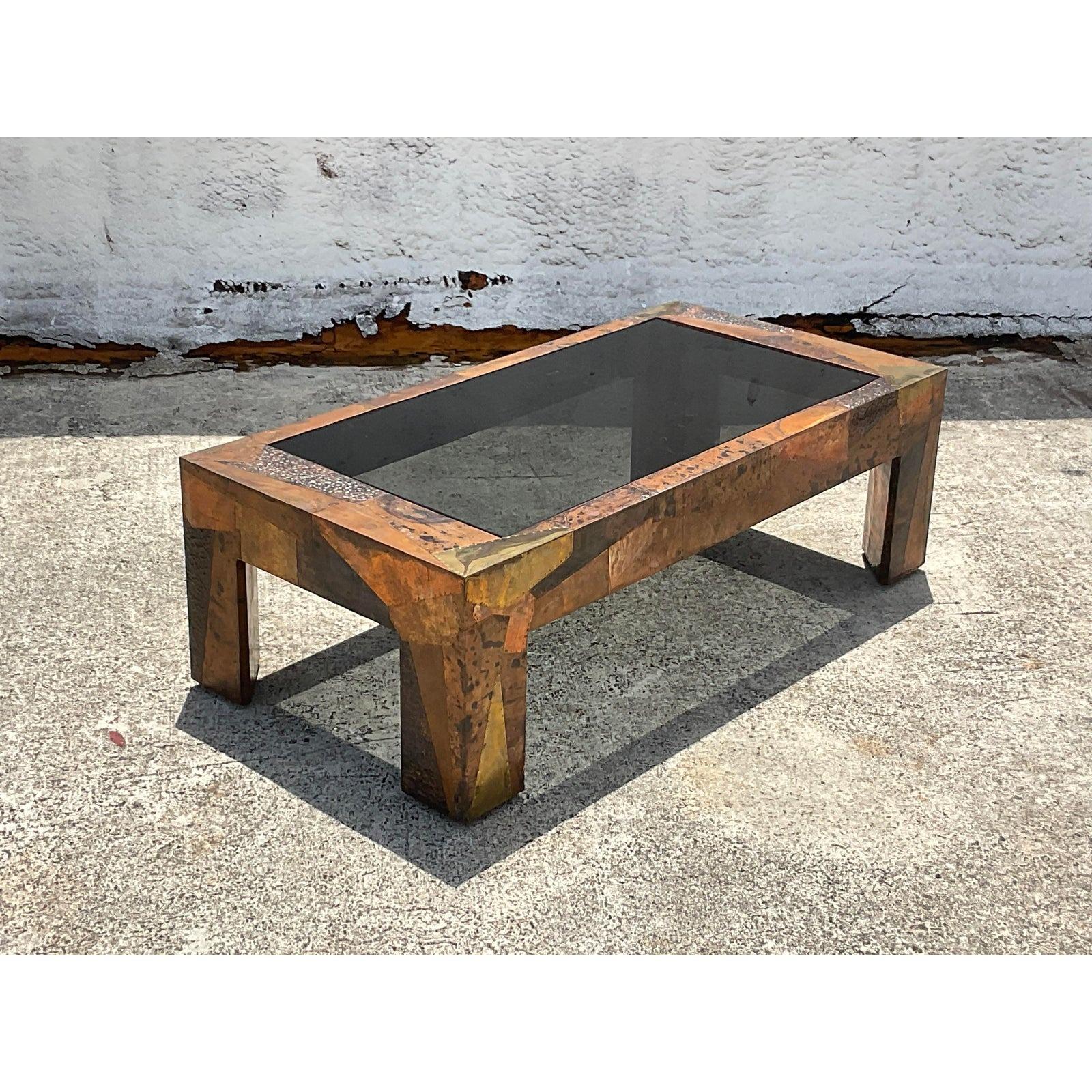 Late 20th Century 1970s Vintage Boho Copper Patchwork Coffee Table After Paul Evans