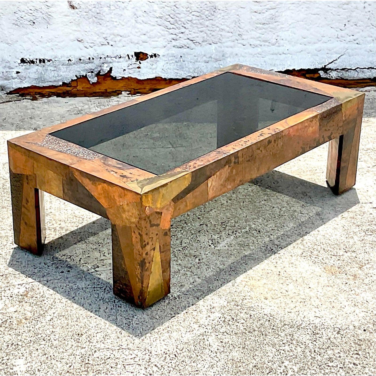 1970s Vintage Boho Copper Patchwork Coffee Table After Paul Evans 1