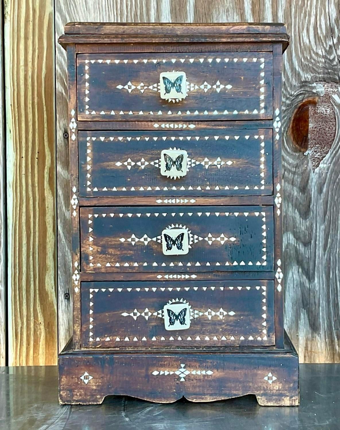 1970s Vintage Boho Petite Inlay Chest of Drawers For Sale at 1stDibs
