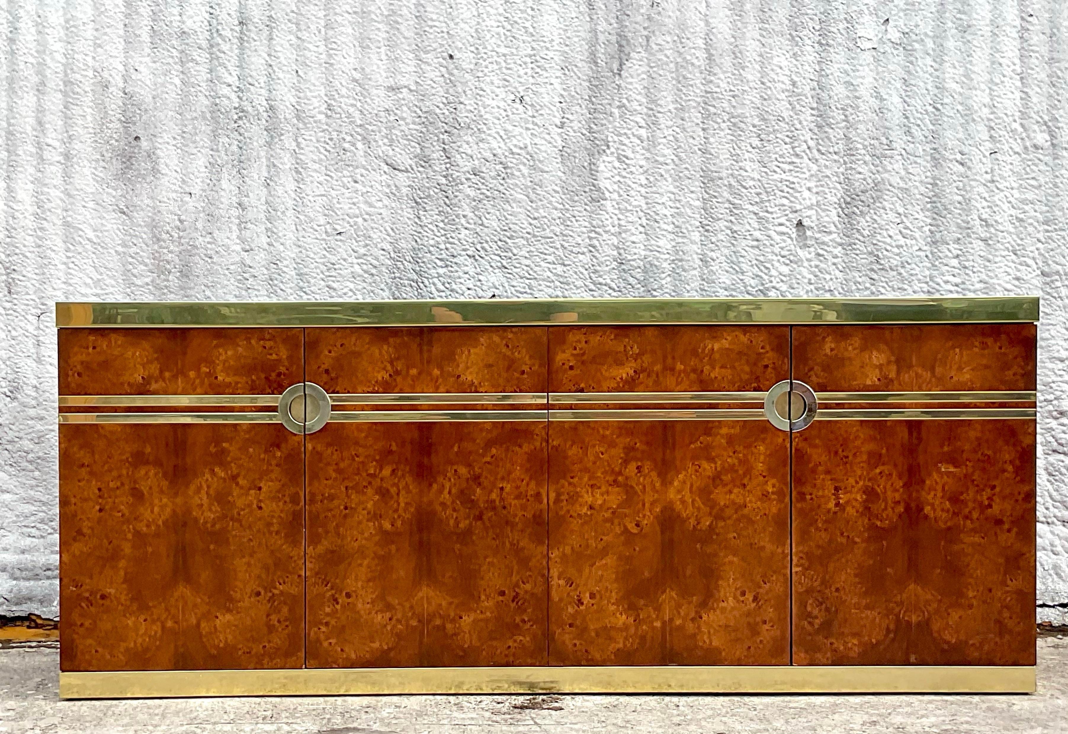 Mid-Century Modern 1970s Vintage Boho Pierre Cardin Burl Wood and Brass Credenza For Sale