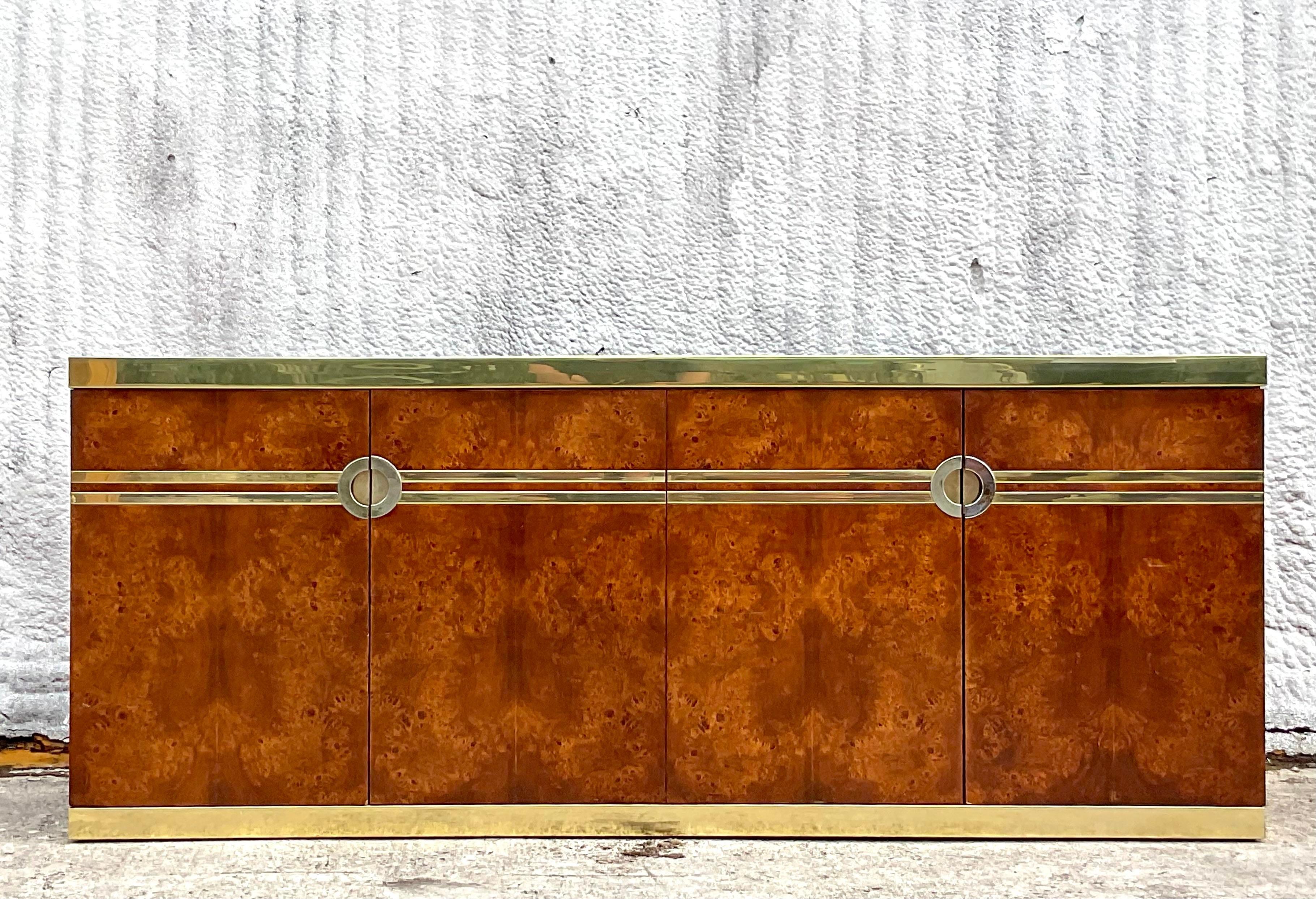 Late 20th Century 1970s Vintage Boho Pierre Cardin Burl Wood and Brass Credenza For Sale