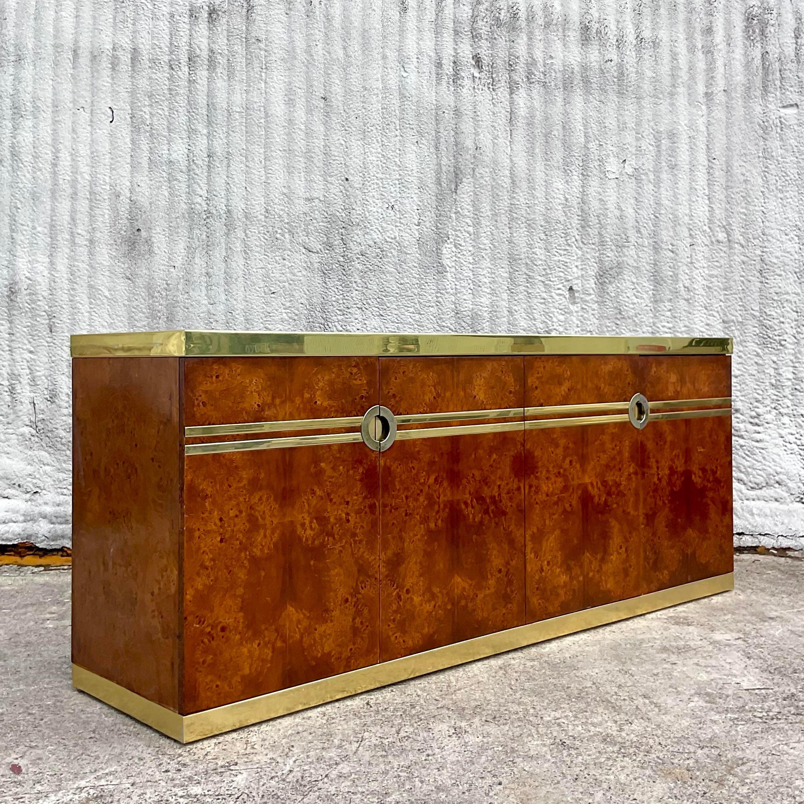 1970s Vintage Boho Pierre Cardin Burl Wood and Brass Credenza For Sale 1