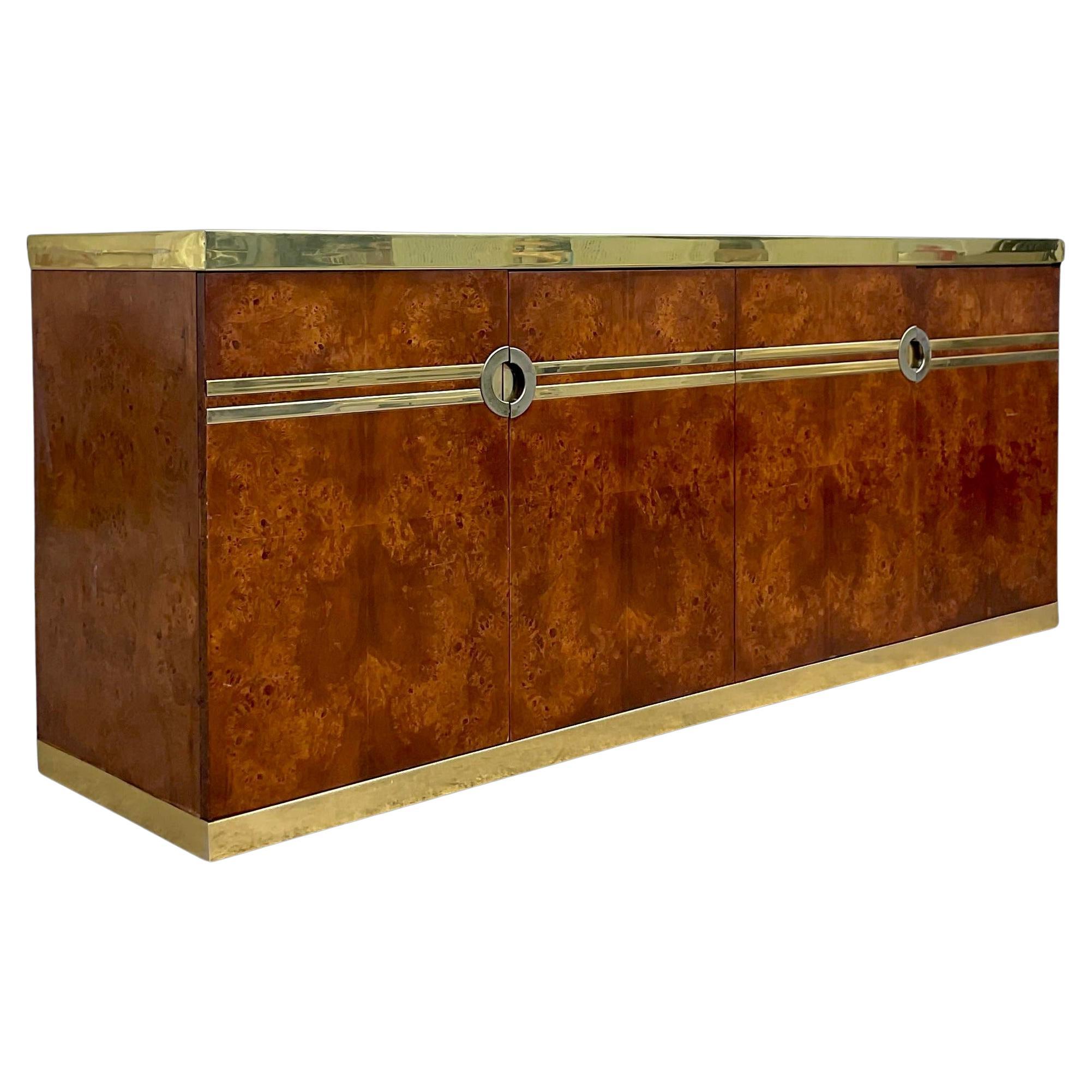 1970s Vintage Boho Pierre Cardin Burl Wood and Brass Credenza For Sale