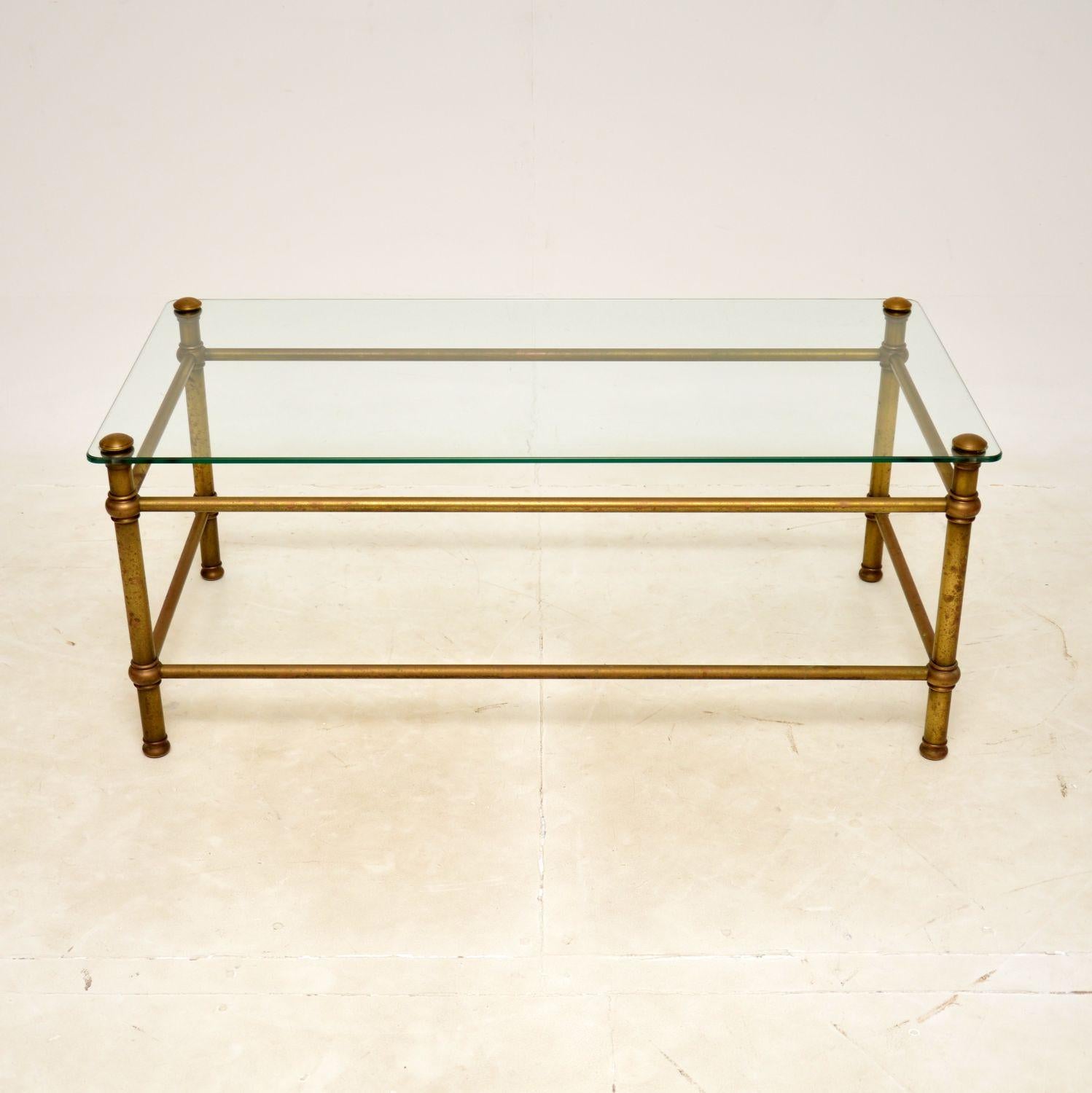 A stylish and very well made vintage brass and glass coffee table, made in England and dating from around the 1970-80’s.

It is of excellent quality, the tubular brass frame has a gorgeous patina and colour tone.

The condition is very good for its
