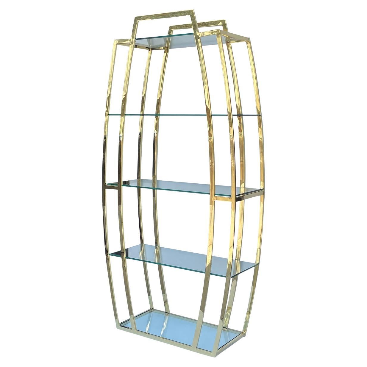 Stunning geometrical shiny brass etagere in the manner of Milo Baughman or DIA