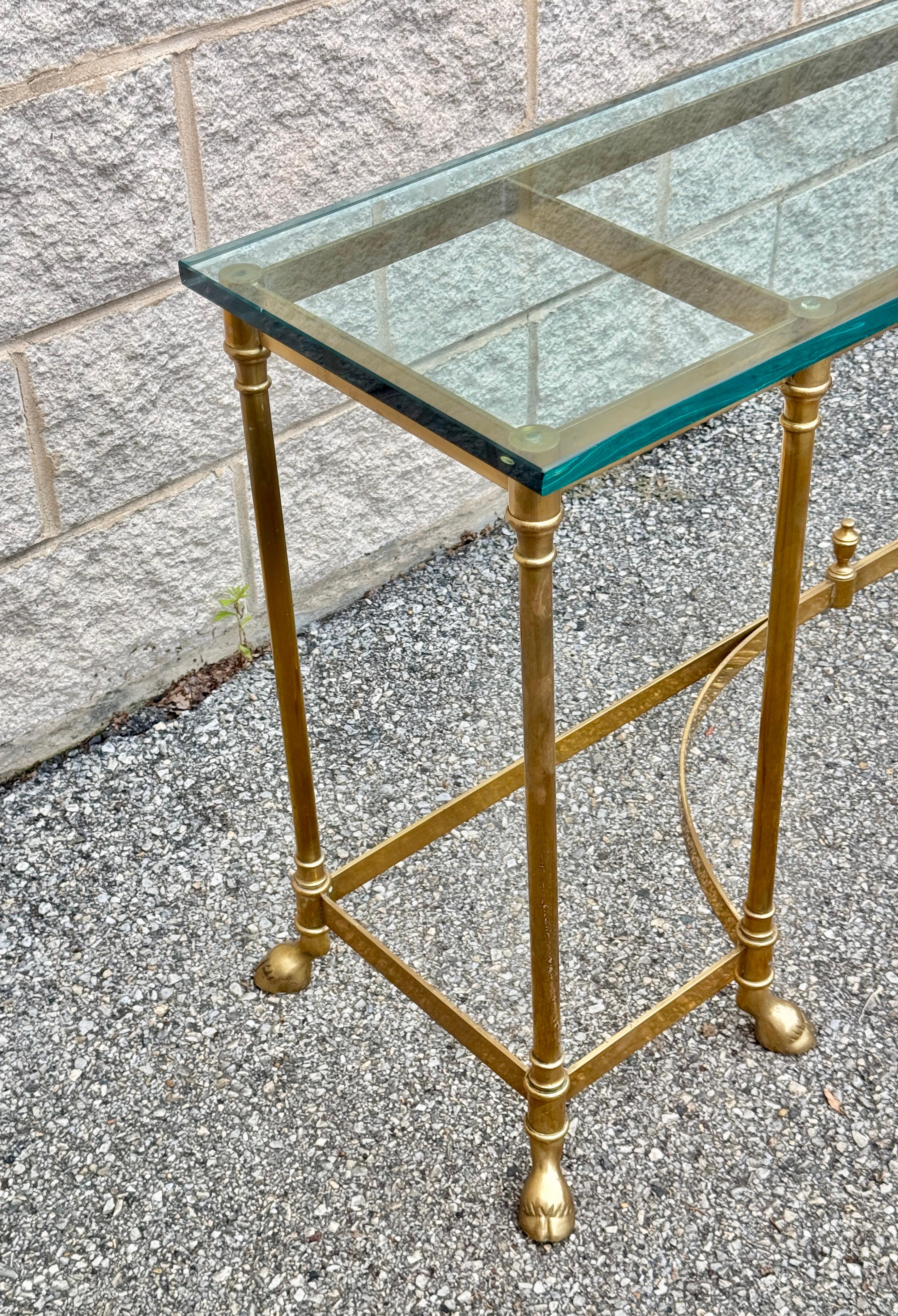 1970s Vintage Brass & Glass Neoclassical Console Table With Hoof Feet For Sale 1
