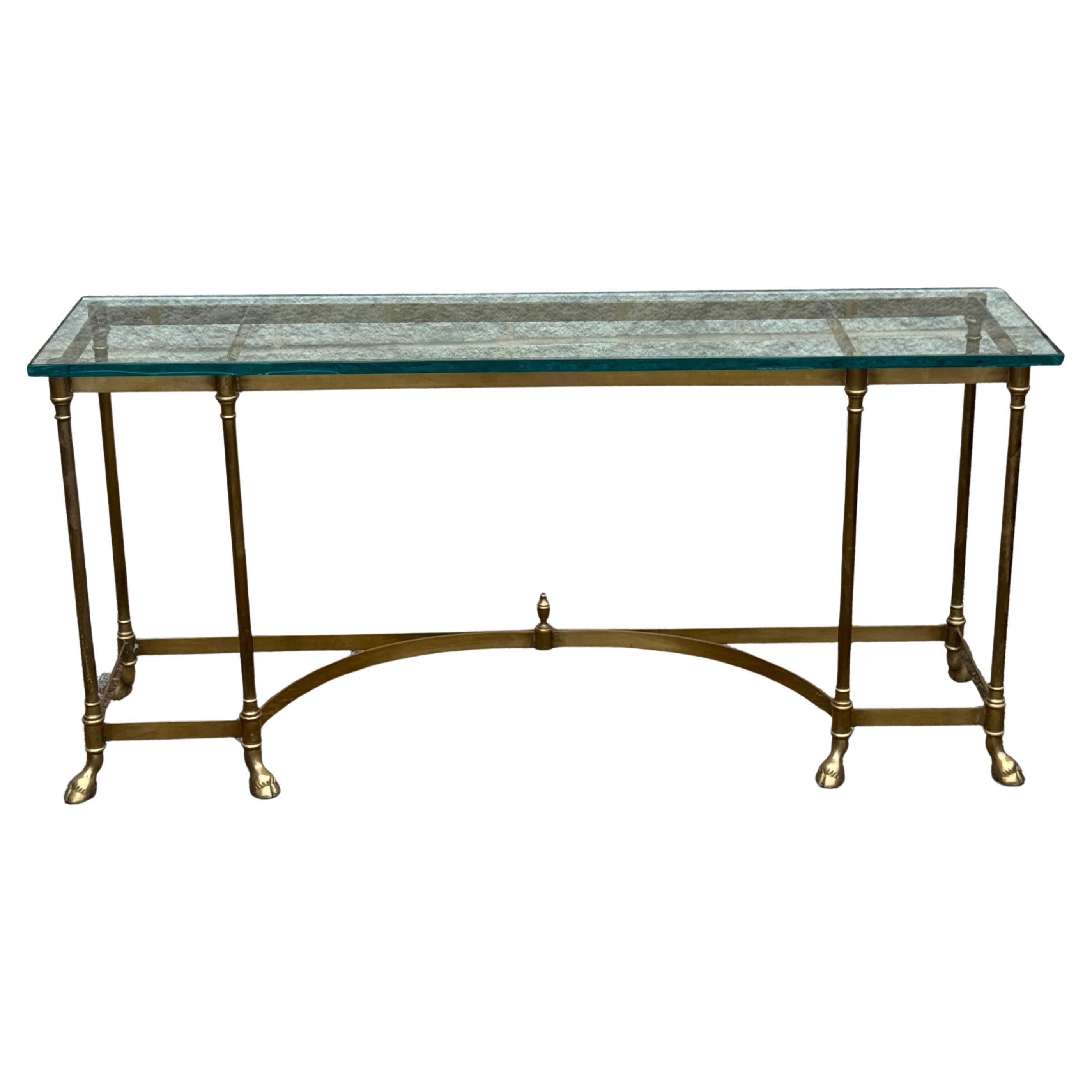 1970s Vintage Brass & Glass Neoclassical Console Table With Hoof Feet For Sale