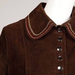1970s Vintage Brown Boho Suede Leather Coat with Colorful Embroidery + Snaps