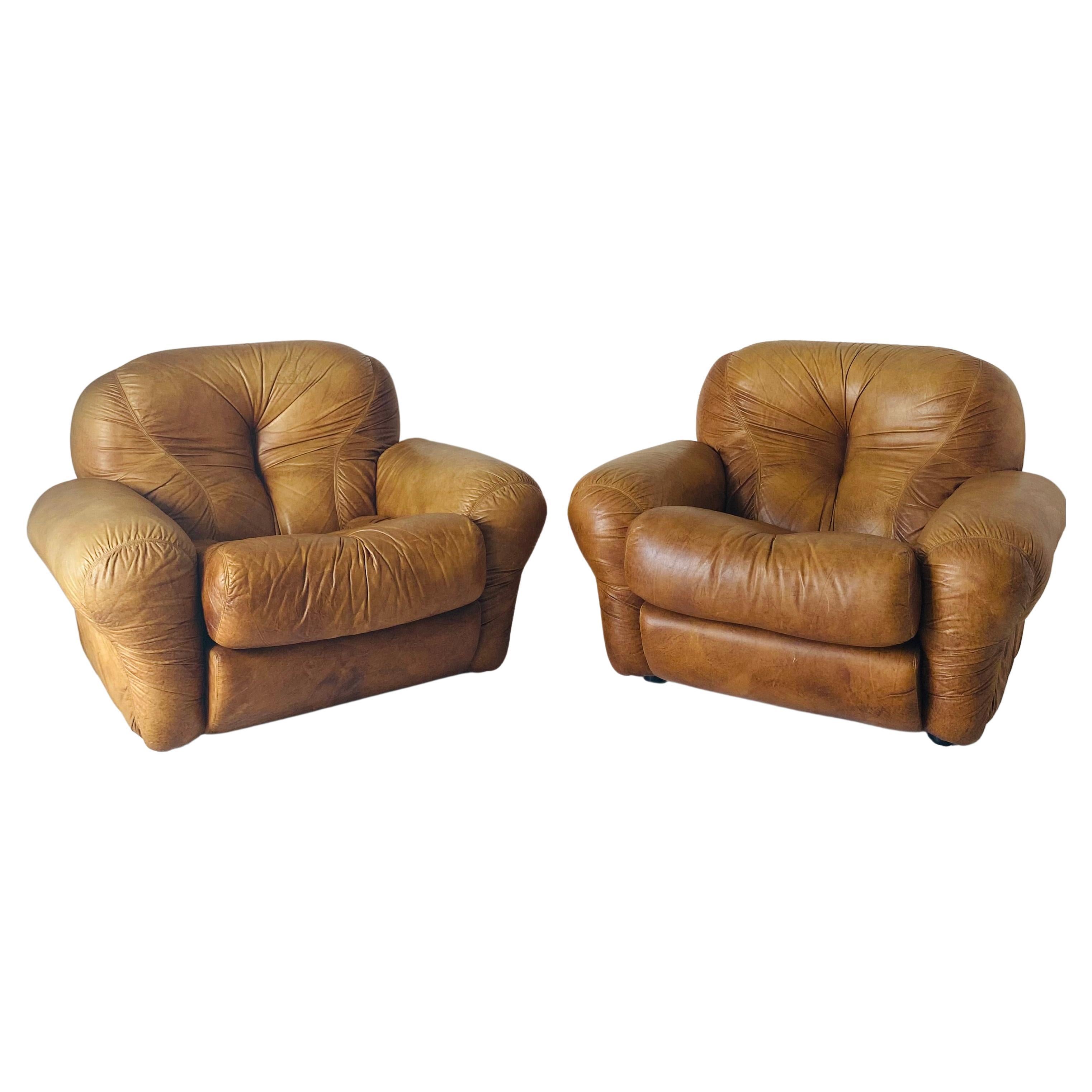 Brown leather lounge chairs, "Sapporo" model , Girgi mobili, Italy 1970s