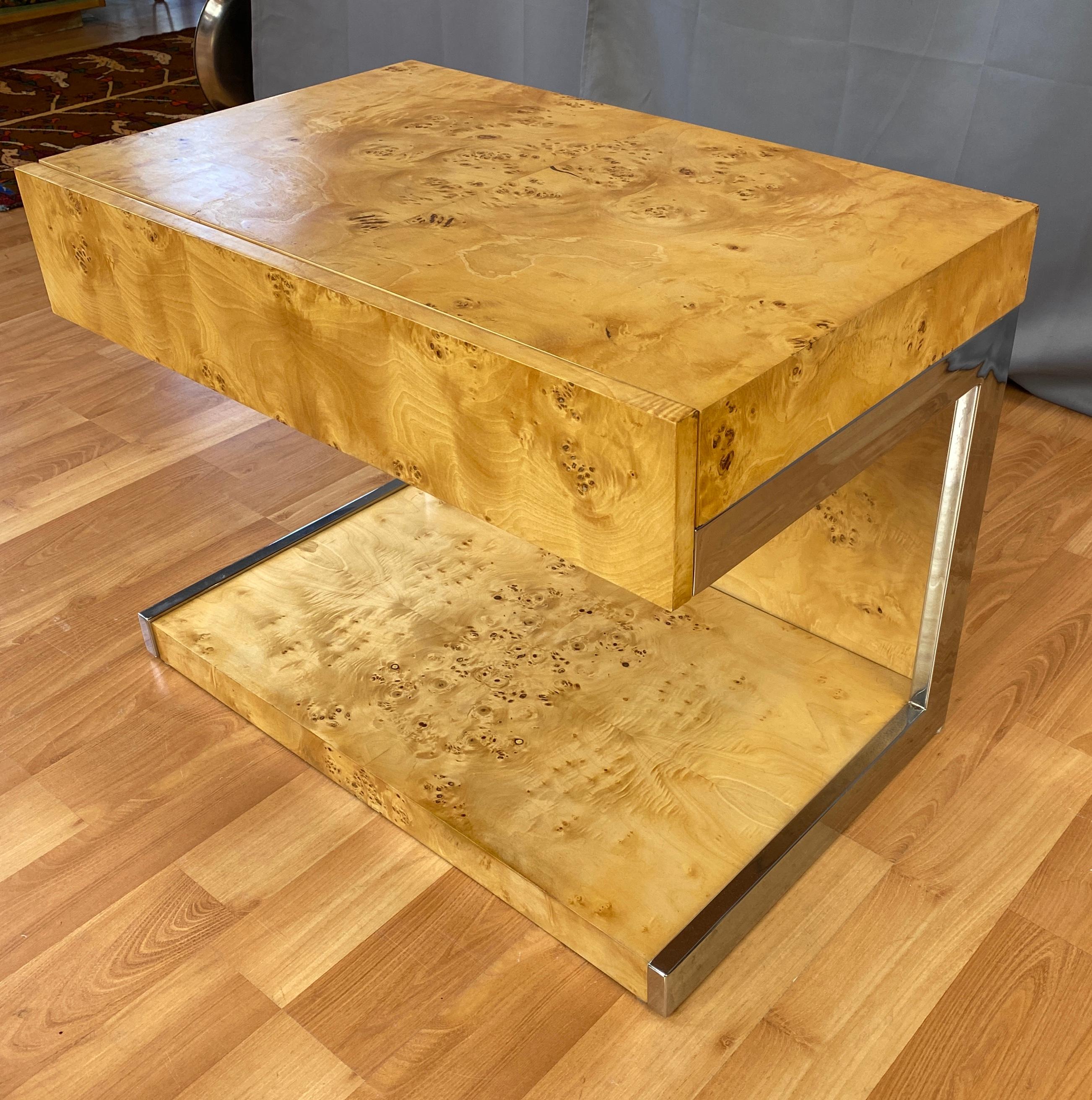 1970s Vintage Burl Wood and Chrome Cantilevered Side Table 4