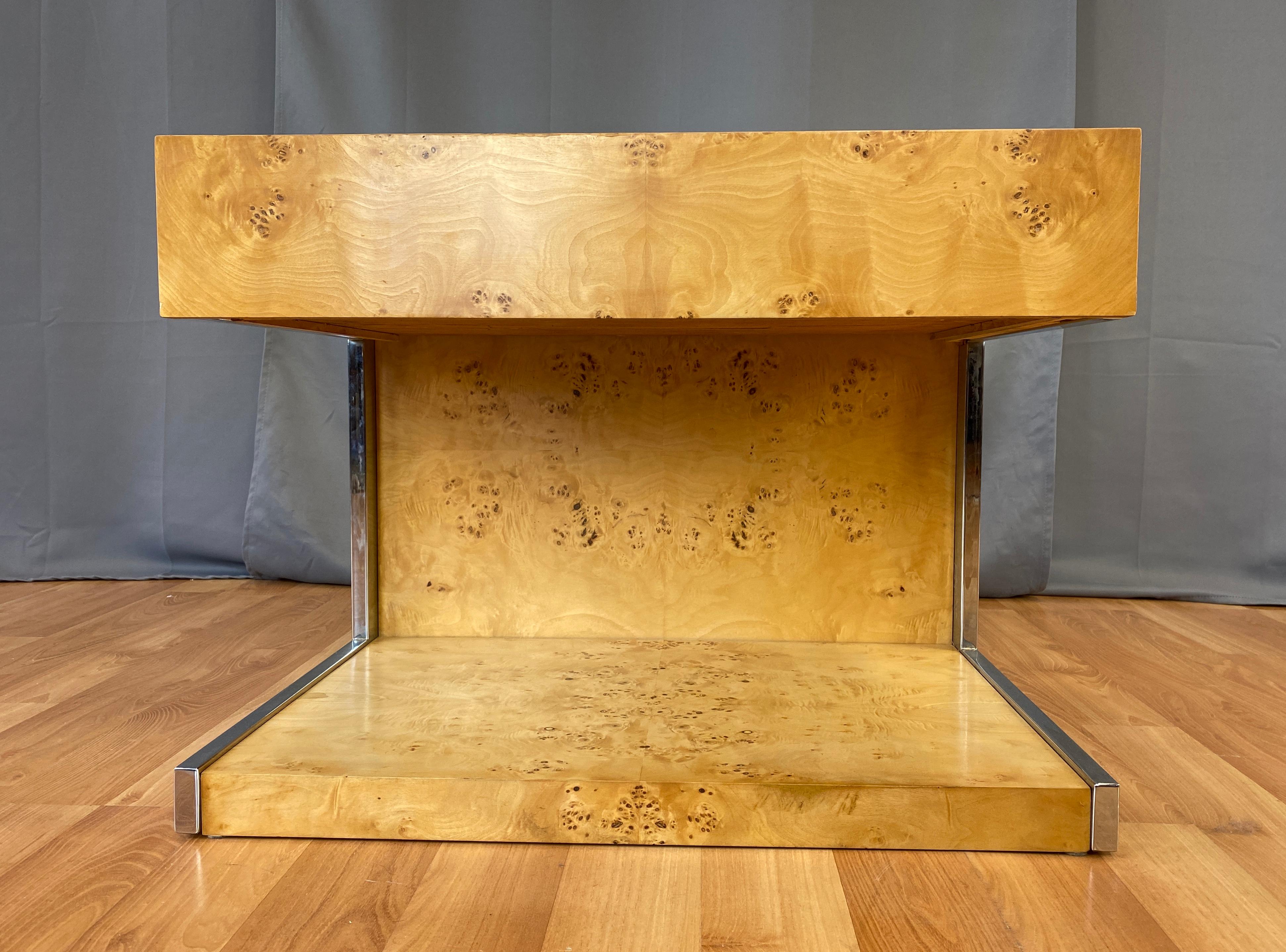 Modern 1970s Vintage Burl Wood and Chrome Cantilevered Side Table