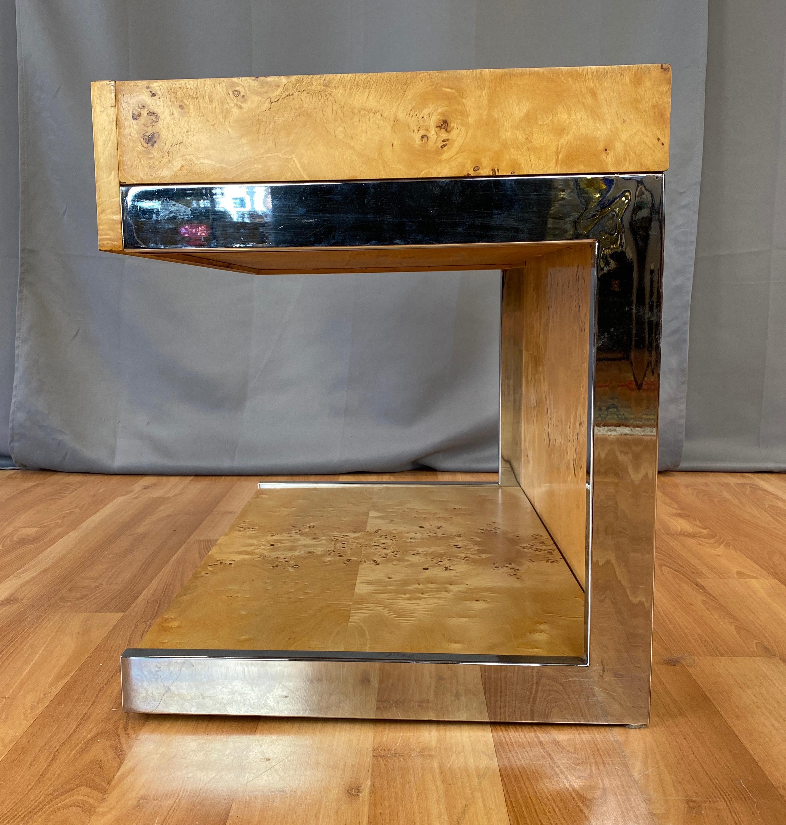 1970s Vintage Burl Wood and Chrome Cantilevered Side Table In Good Condition In San Francisco, CA