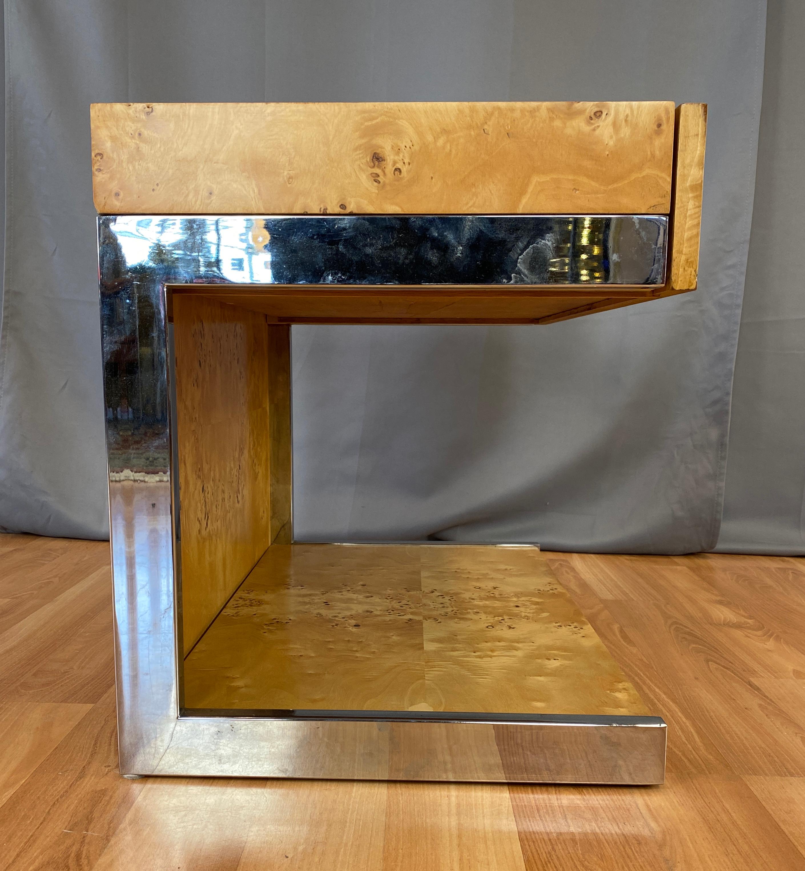 1970s Vintage Burl Wood and Chrome Cantilevered Side Table 1