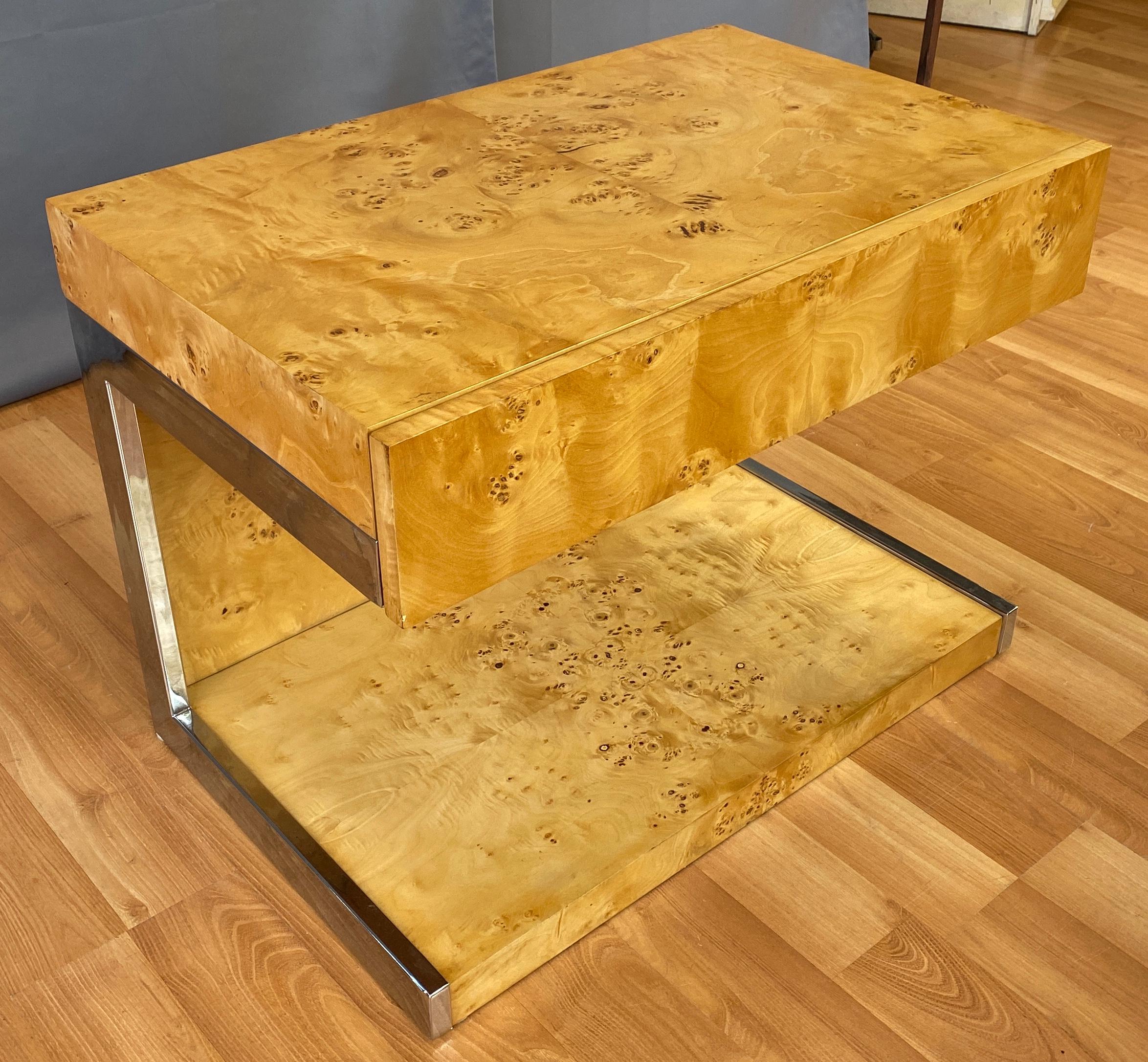 1970s Vintage Burl Wood and Chrome Cantilevered Side Table 3