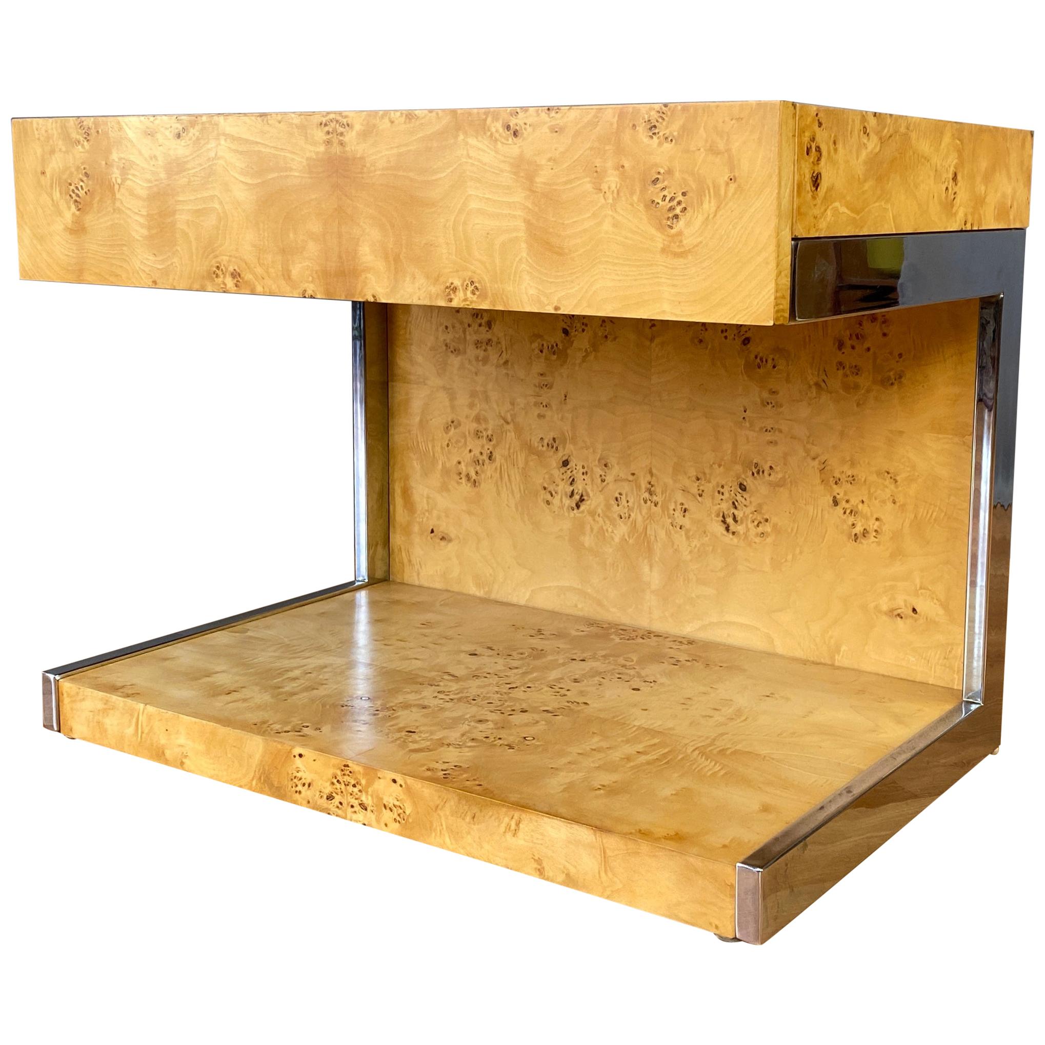 1970s Vintage Burl Wood and Chrome Cantilevered Side Table