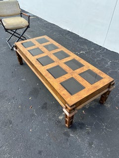 1970s Vintage Burl Wood Coffee Table Square Smoked Glass MCM