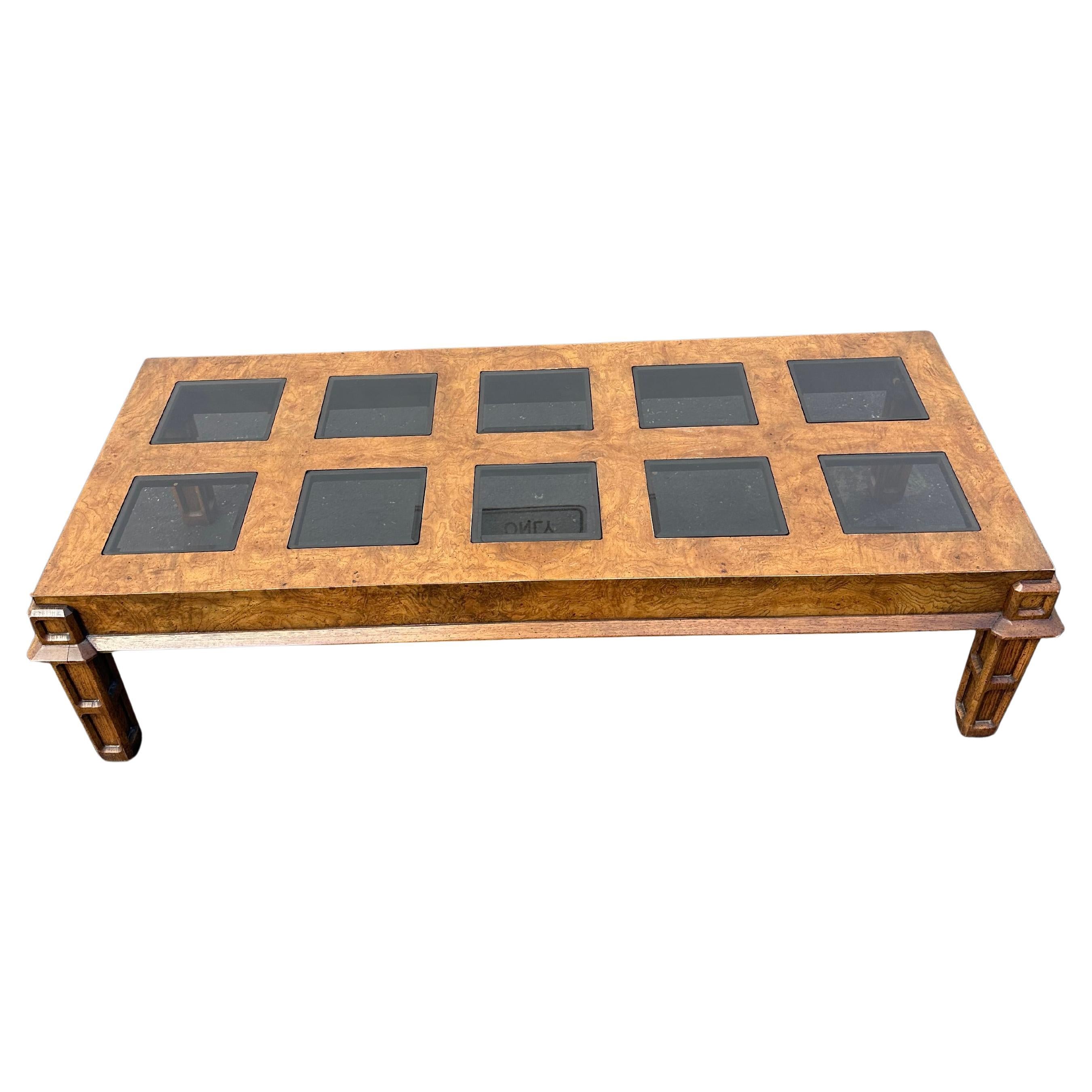 1970s Vintage Burl Wood Coffee Table Square Smoked Glass MCM