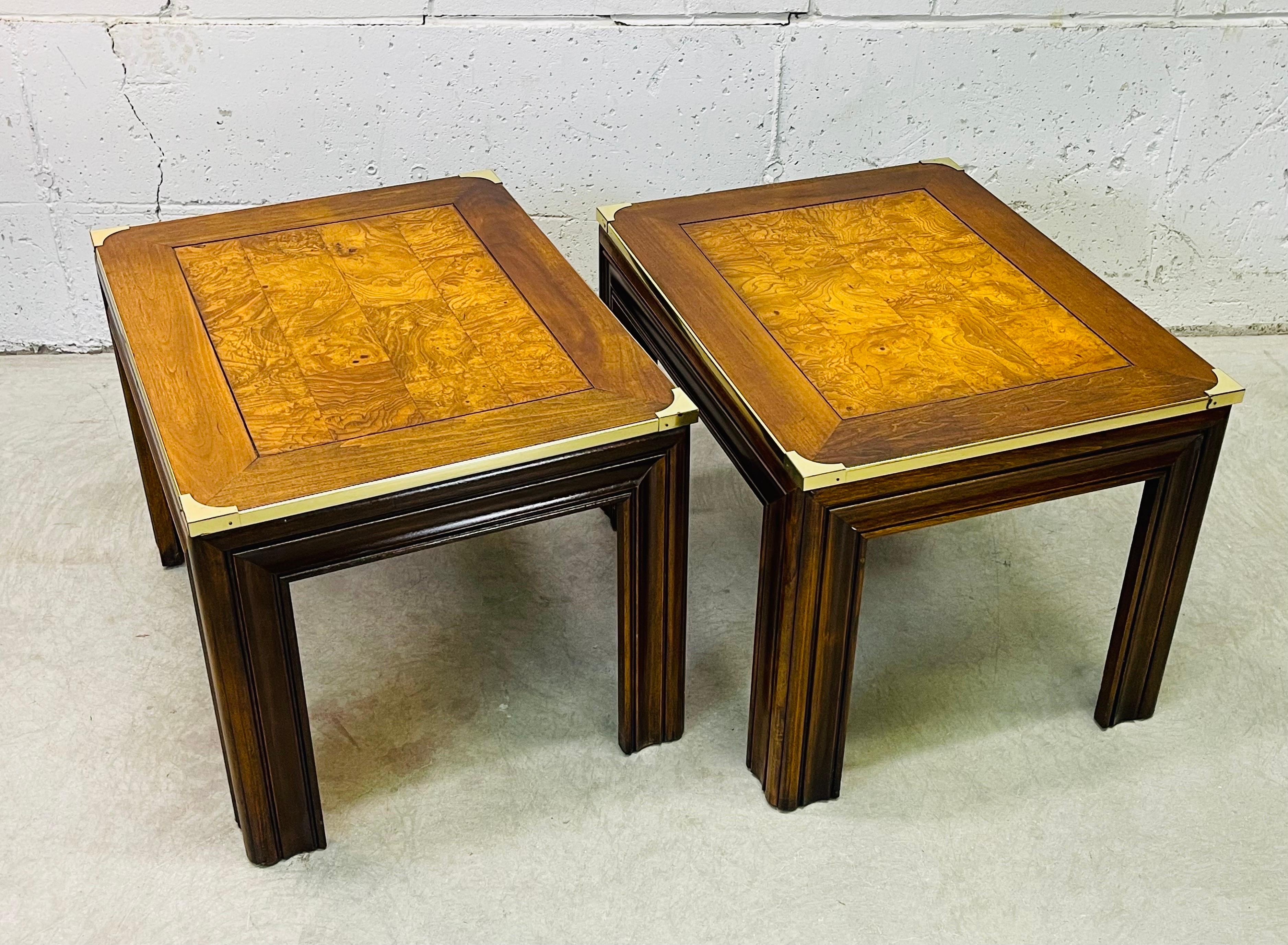 Vintage 1970s pair of rectangular burlwood and brass accented side tables. The tables have large legs and are very sturdy. The burlwood is inset into the top of the table. No marks.