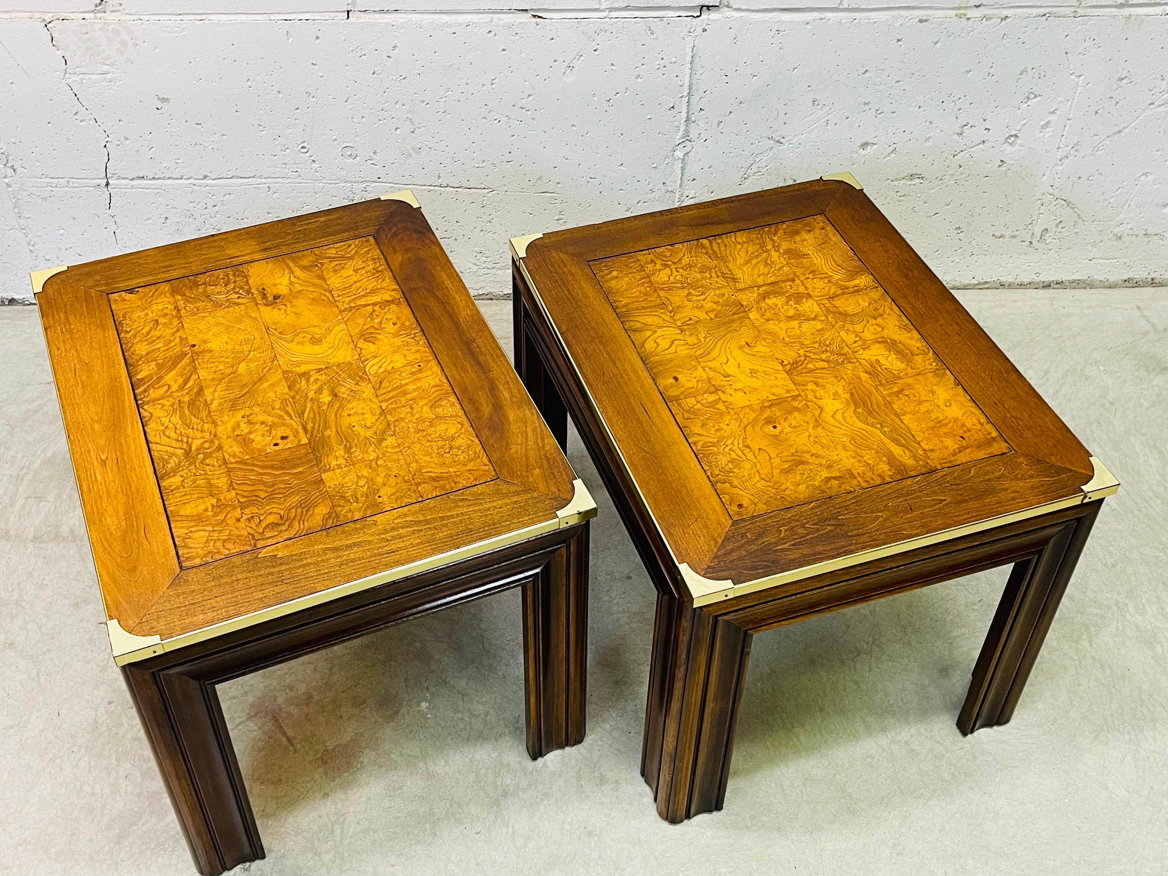 Mid-Century Modern 1970s Vintage Burlwood & Brass Side Tables, Pair For Sale