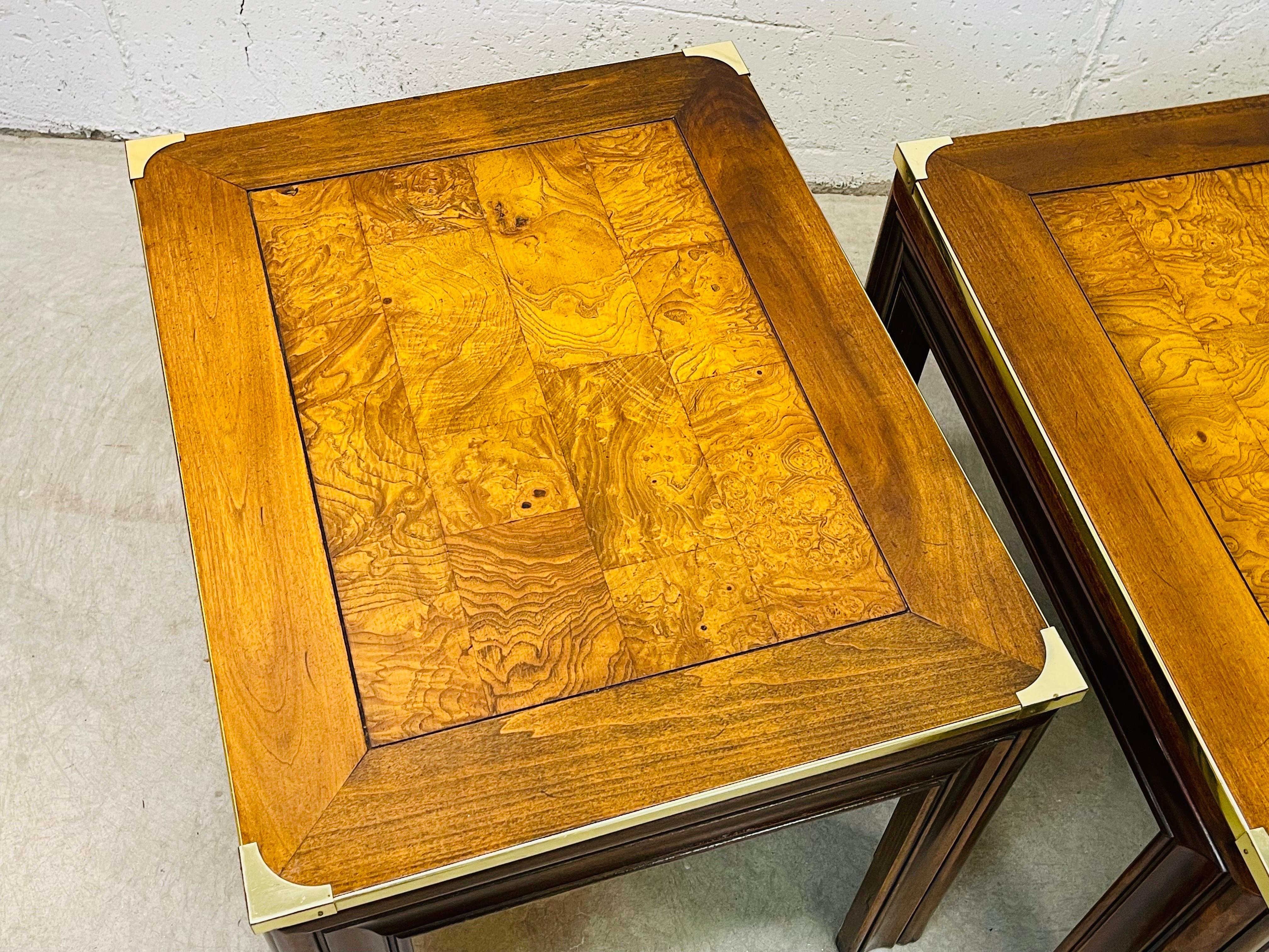 1970s Vintage Burlwood & Brass Side Tables, Pair In Good Condition For Sale In Amherst, NH