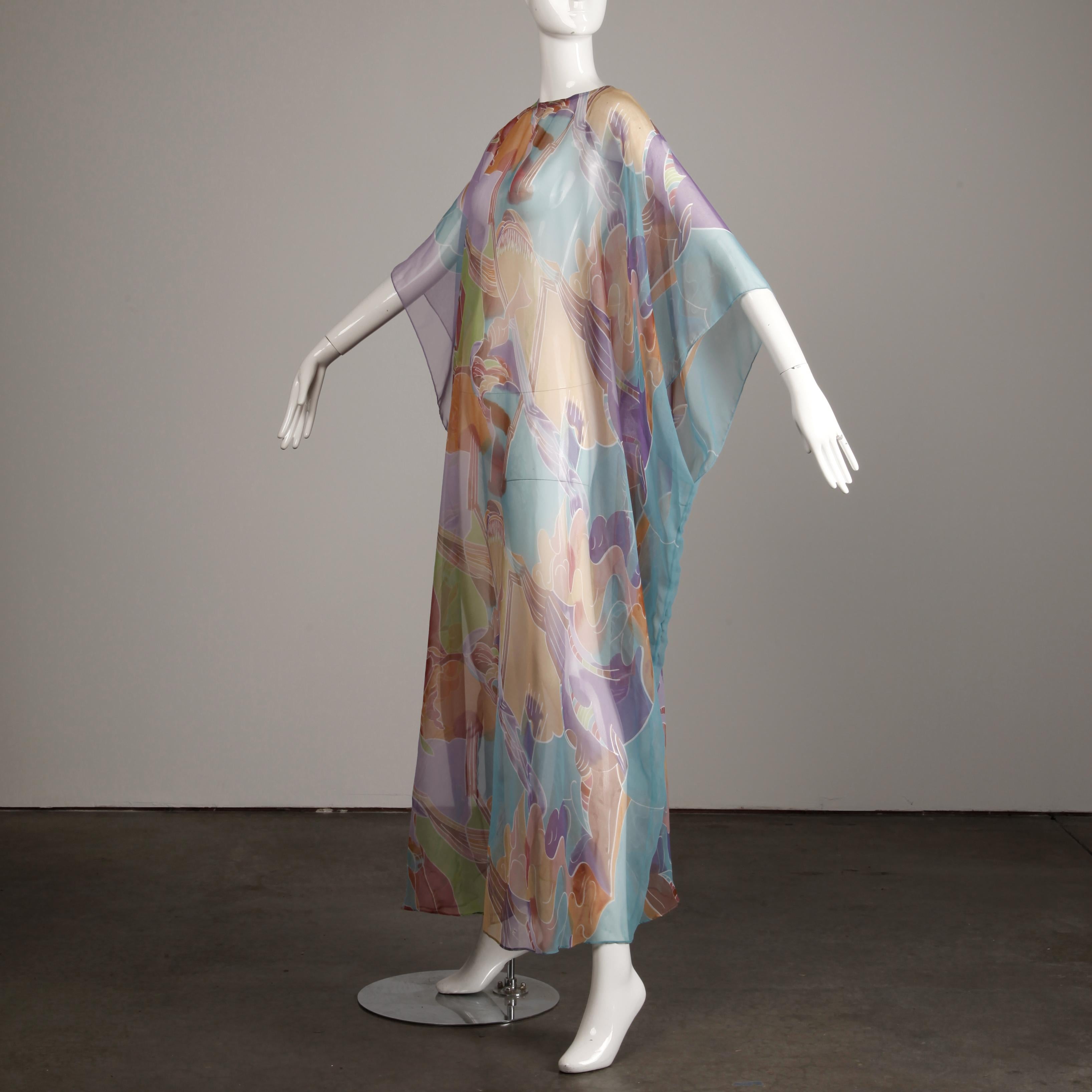 Gray 1970s Vintage Caftan Dress with a Sheer Abstract Cloud Print