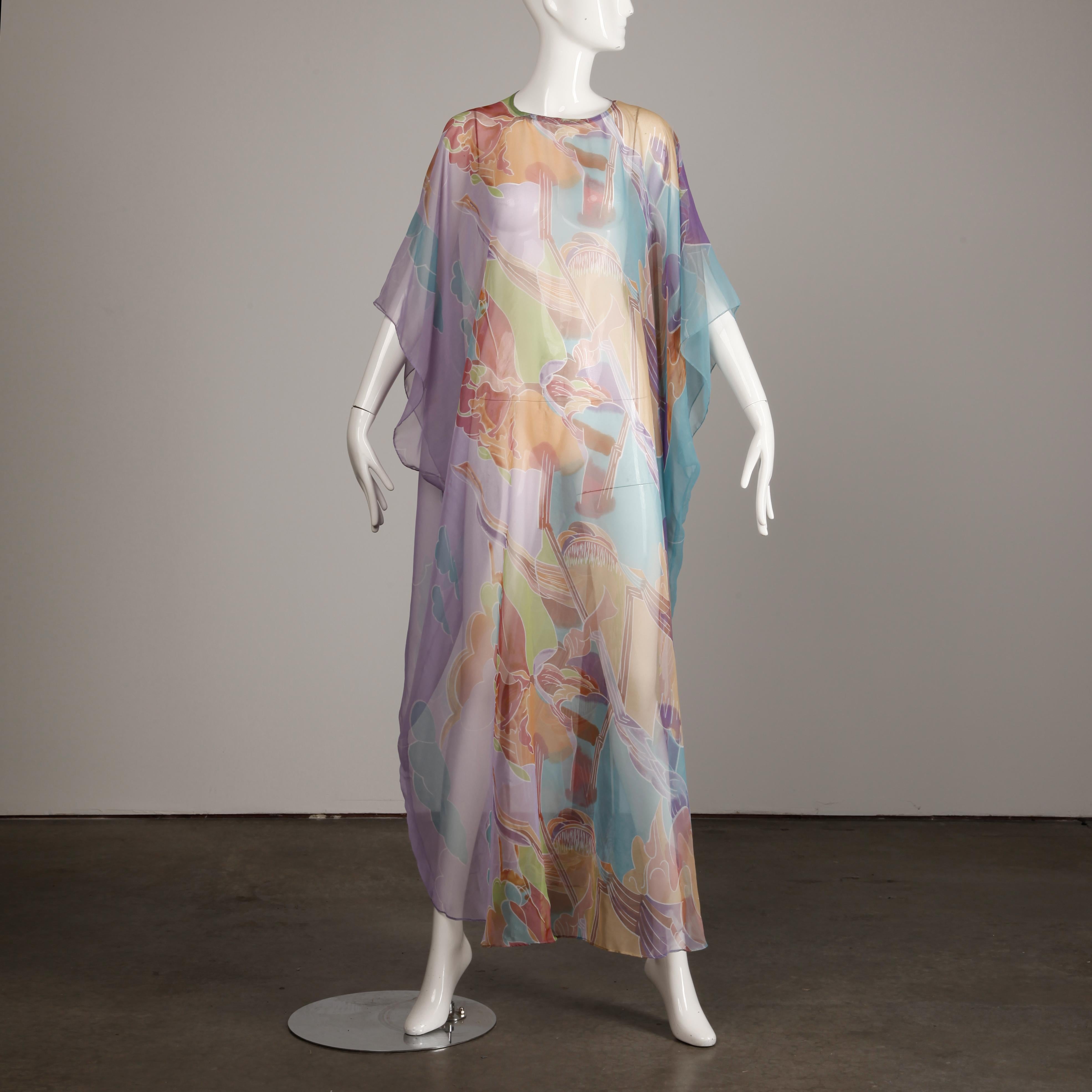 1970s Vintage Caftan Dress with a Sheer Abstract Cloud Print 2