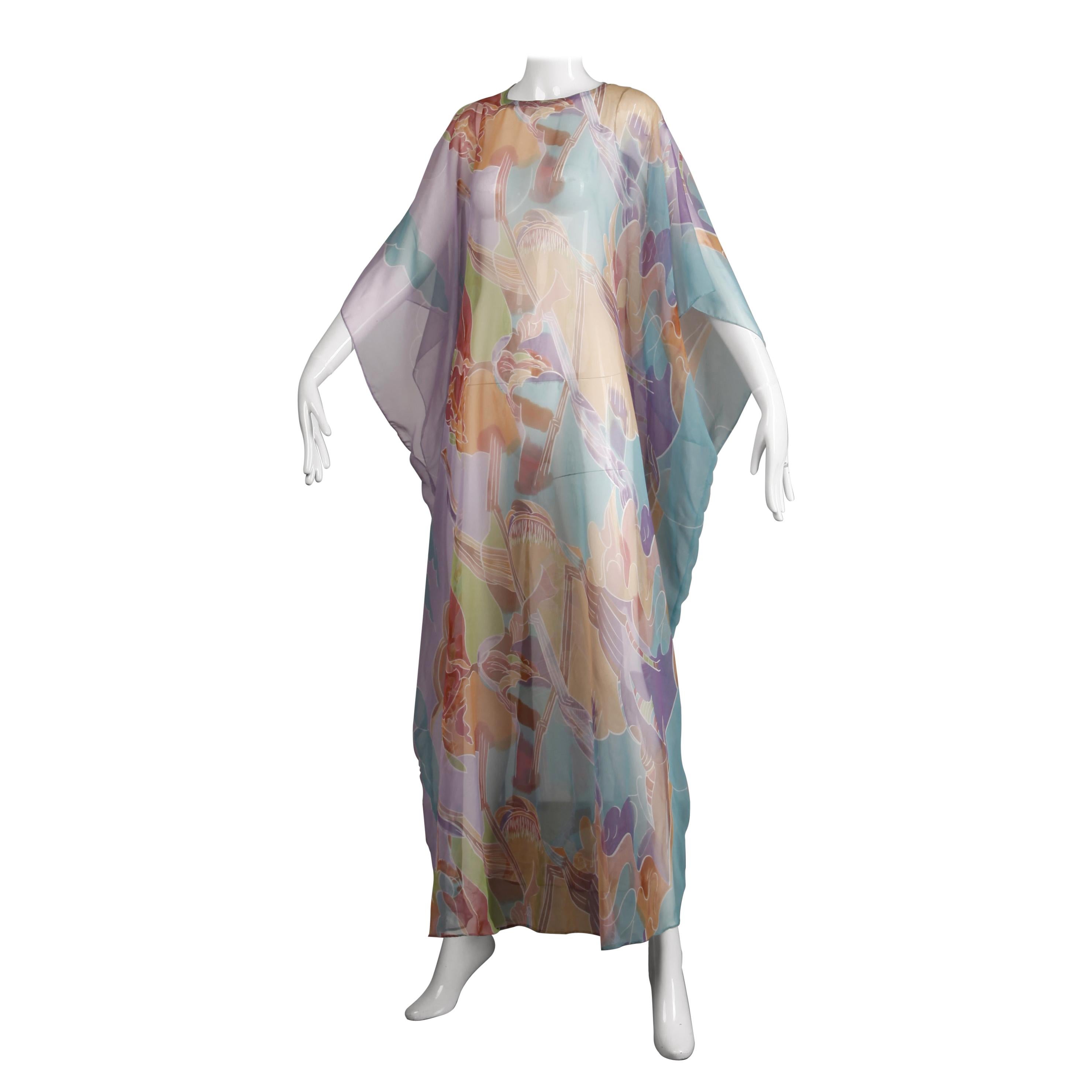 1970s Vintage Caftan Dress with a Sheer Abstract Cloud Print