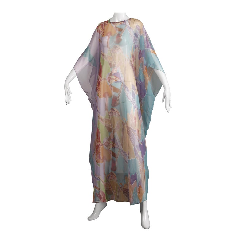 1970s Vintage Caftan Dress With A Sheer Abstract Cloud Print
