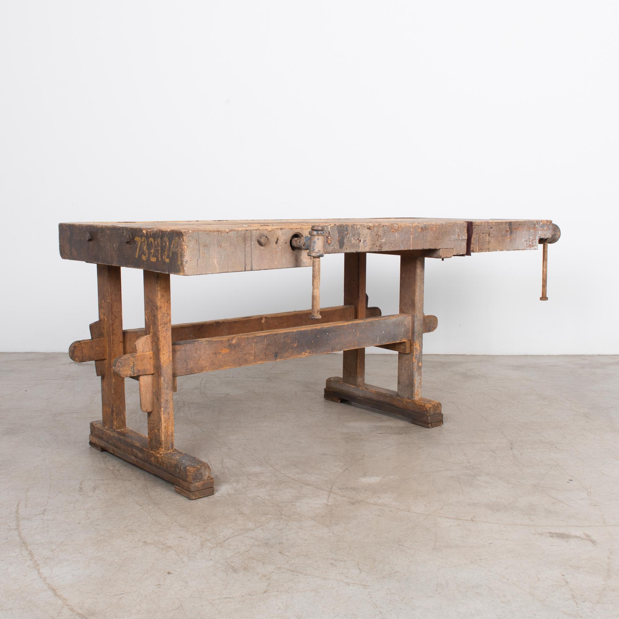 From Czech Republic, this bench is in excellent condition with great rustic details built in the traditional style. This seriously practical table is a heavy duty accent.

Craftsman joinery techniques connect the components, including classic