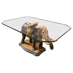 1970s Vintage Carved Elephant Console Table with Beveled Glass Top, Italy