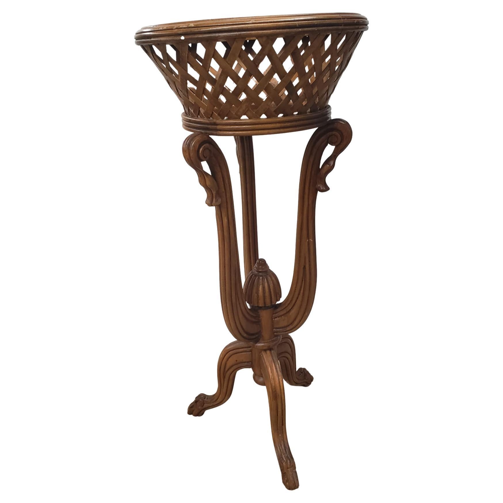 1970s Vintage Carved Fruitwood Tripod Planter on Stand In Good Condition For Sale In Germantown, MD