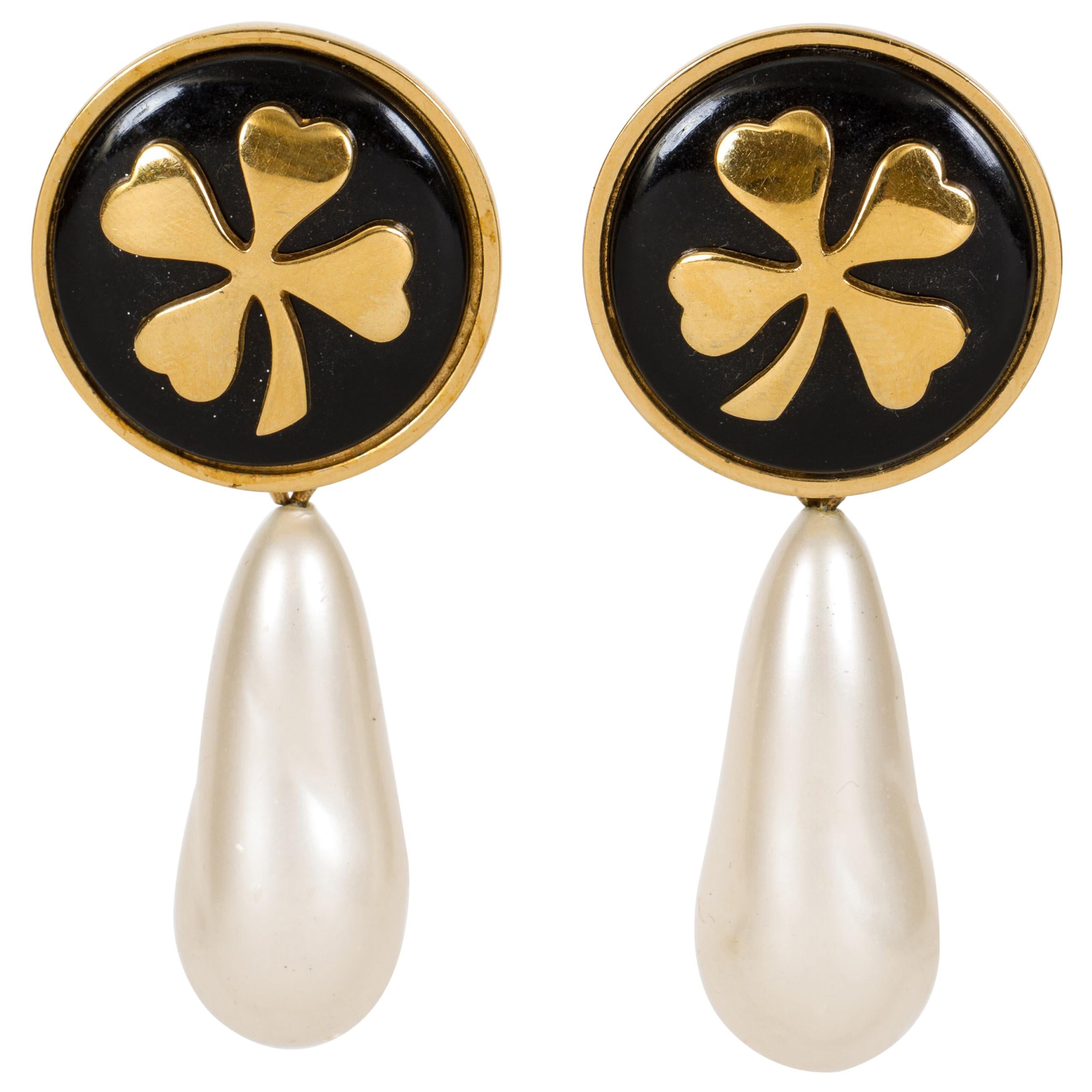 1970s Vintage Chanel Clover Drop Pearl Earrings