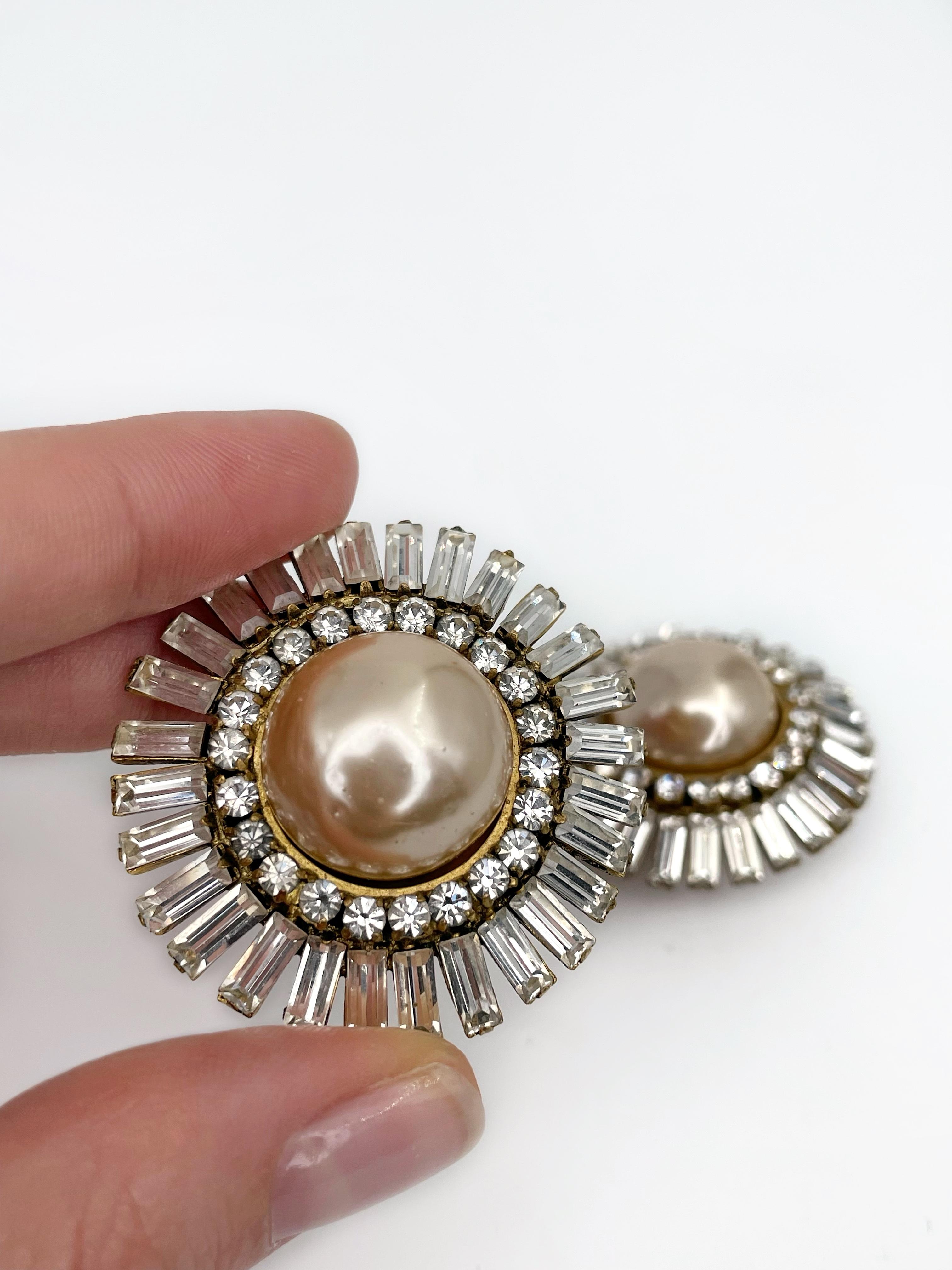 Women's 1970s Vintage Chanel Creamy Pearl Crystal Large Round Clip on Earrings