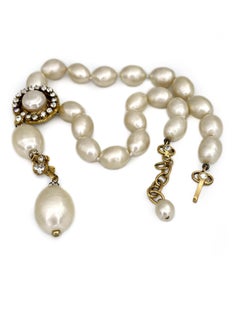 1970s Vintage Chanel Faux Baroque Pearl Crystal Choker Drop Necklace