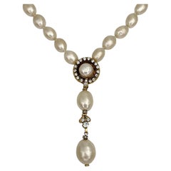 1970s Retro Chanel Faux Baroque Pearl Crystal Choker Drop Necklace