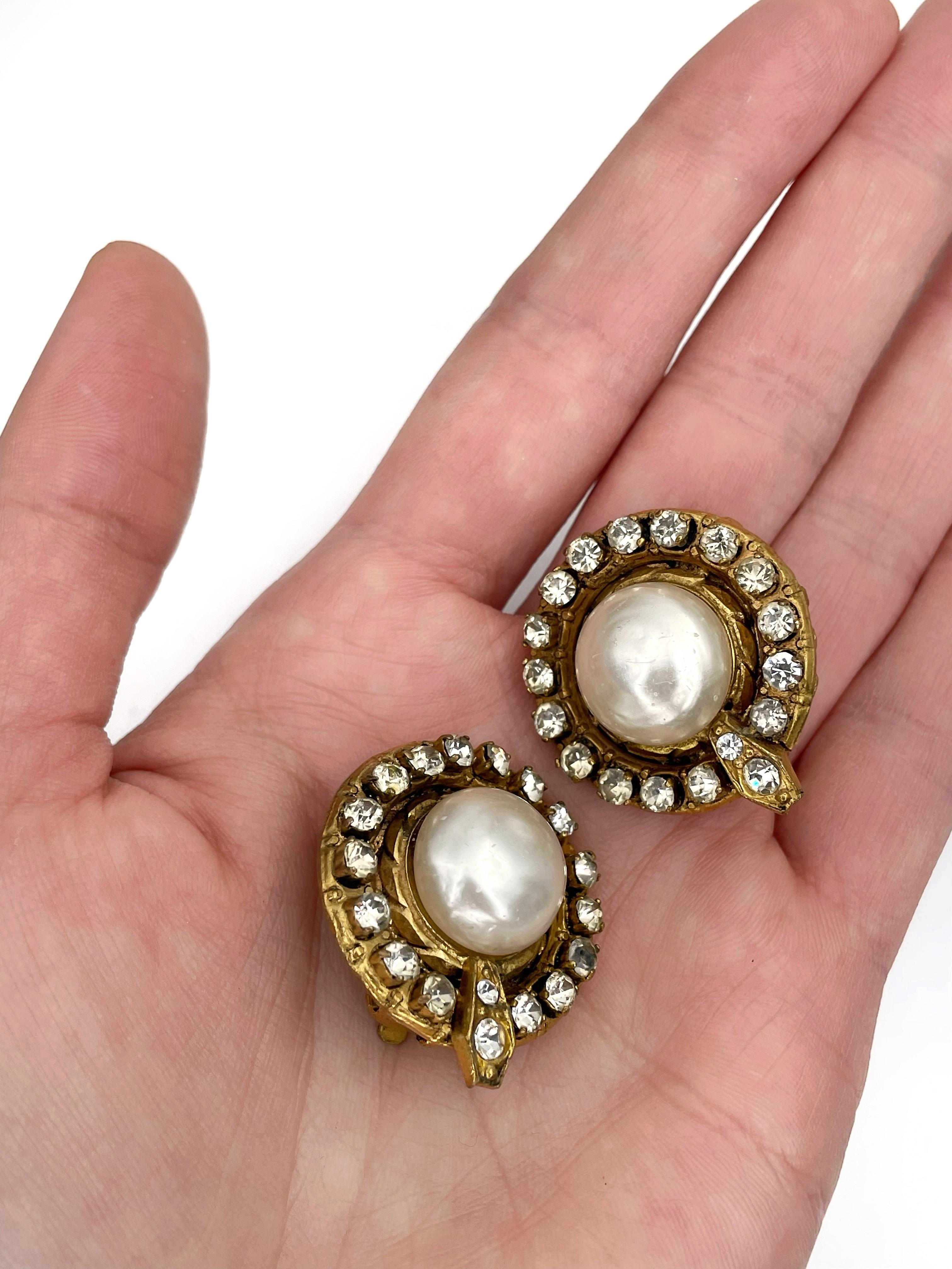 1970s Vintage Chanel Faux Pearl Crystal Round Clip on Earrings 1