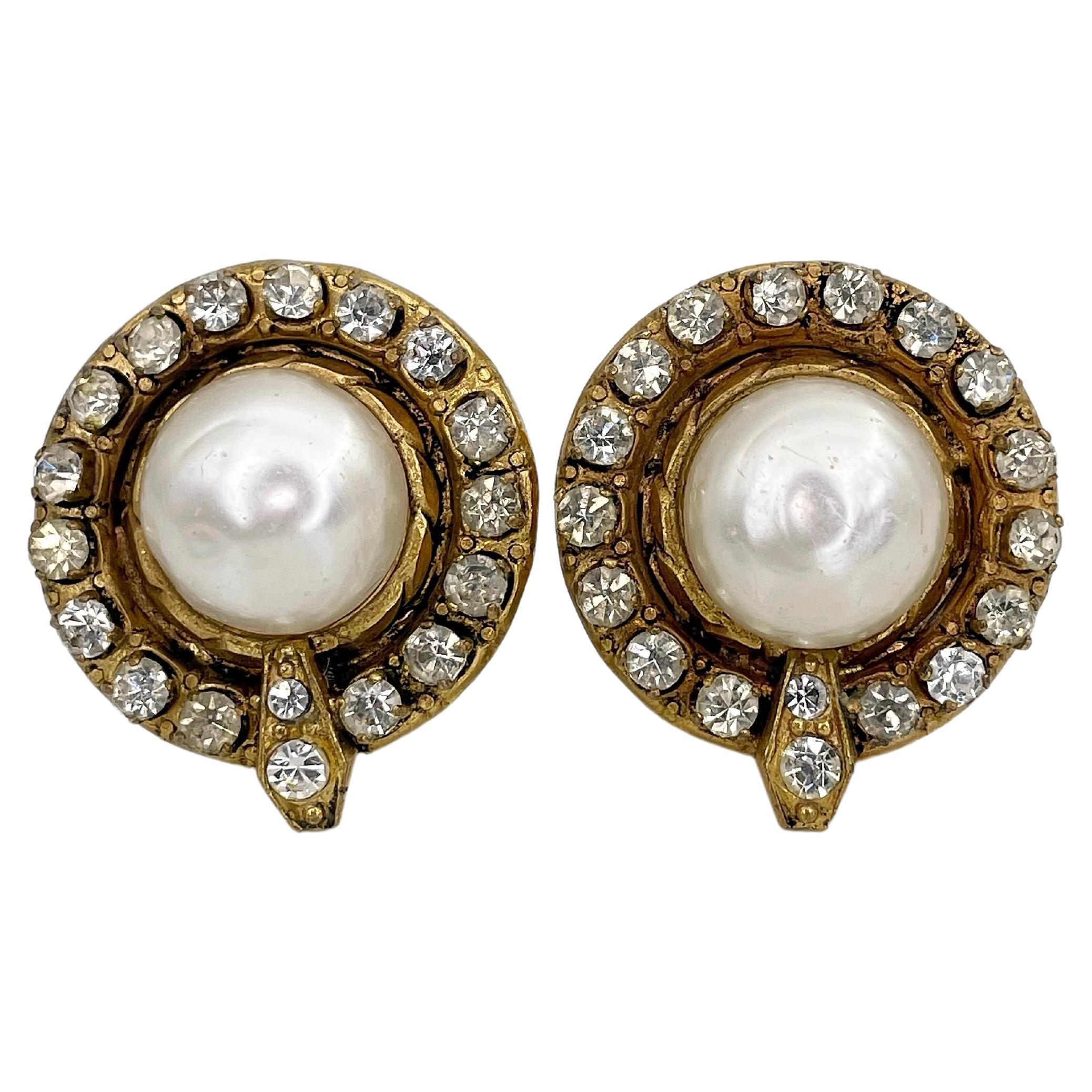 1970s Vintage Chanel Faux Pearl Crystal Round Clip on Earrings