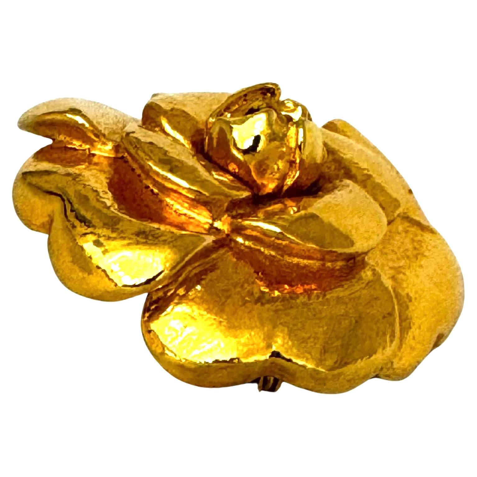 1970s Vintage CHANEL Gold Plated Camellia Brooch For Sale 1