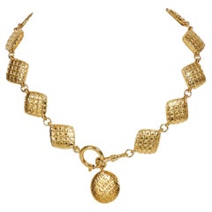 1970's Vintage Chanel Gold Waffle Diamond Choker Necklace